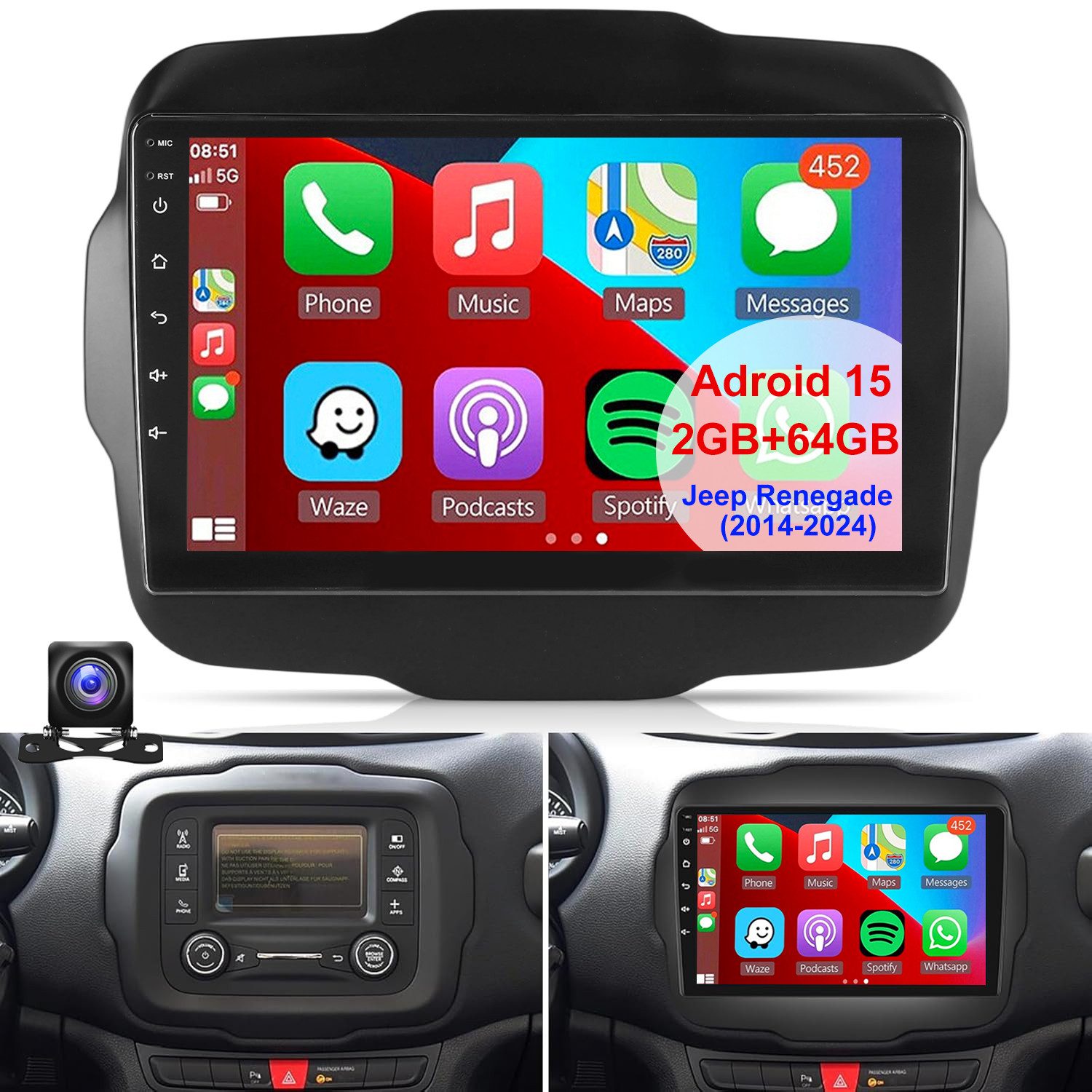 ESSGOO Carplay Android 15 Autoradio Für Jeep Renegade 2014-2024 GPS Navi RDS Autoradio (DAB+ (optional), 4+64GB(optional), RDS, AM, FM, Apple Carplay Android Auto GPS Navi WIFI BT EQ)