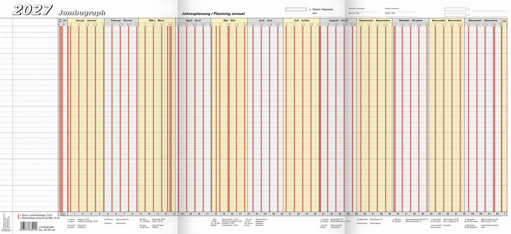 BRUNNEN Urlaubsplaner 2026 Brunnen Urlaubsplaner 2027 „Jumbograph“ 647×297 mm