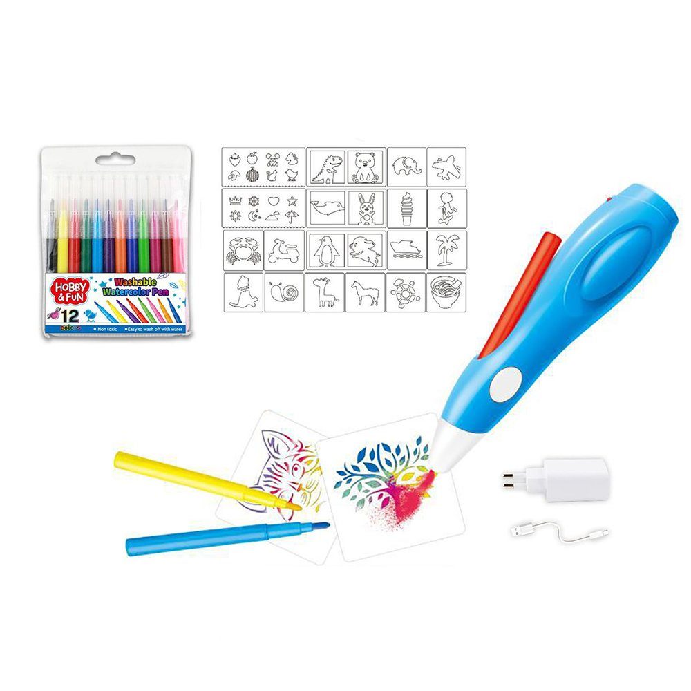 GelldG USB-Kabel mit Airbrush-Set, blau und Farbsprühstift, Akku Elektrischer Airbrushpistole
