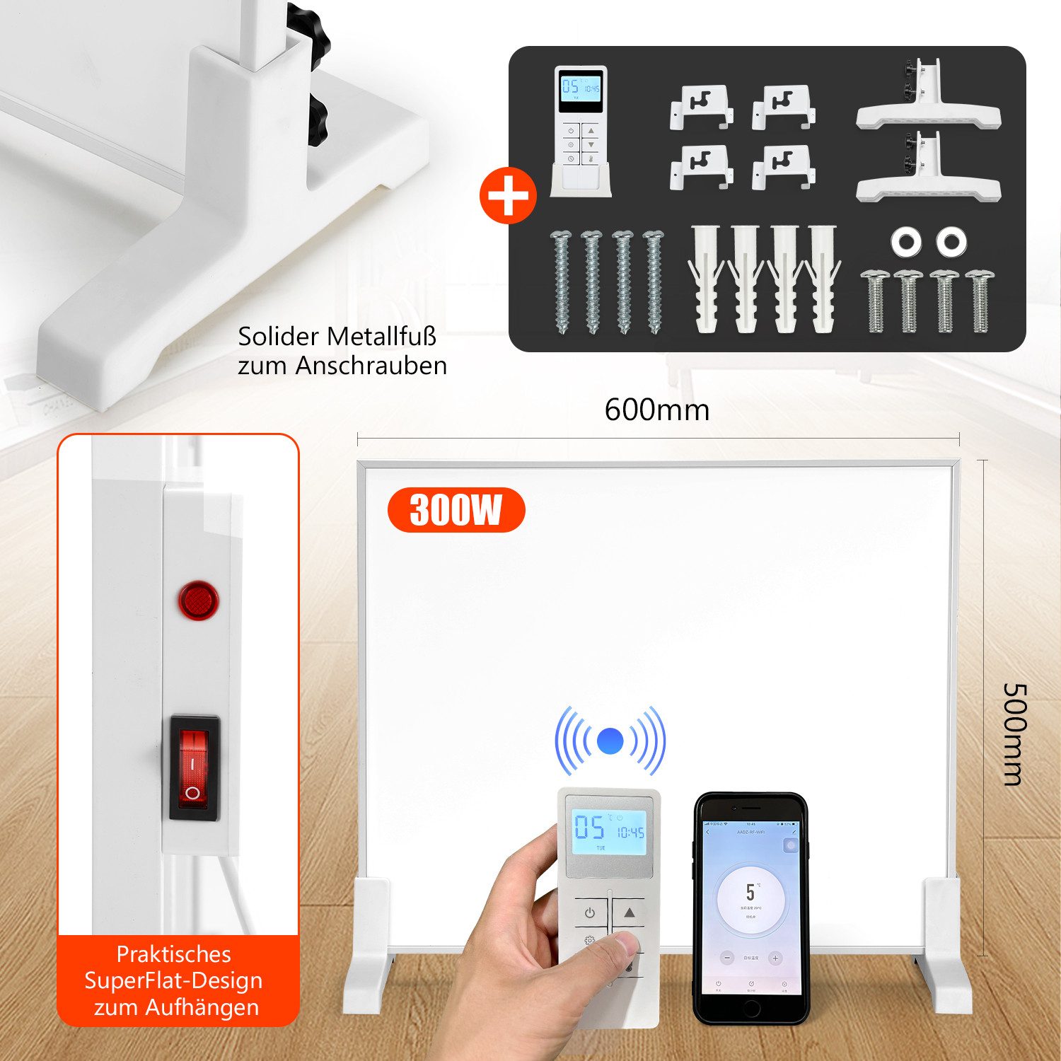 Clanmacy Infrarotheizung Wand-Elektroheizung Heizkörper 300/600/980/1200W, günstig online kaufen
