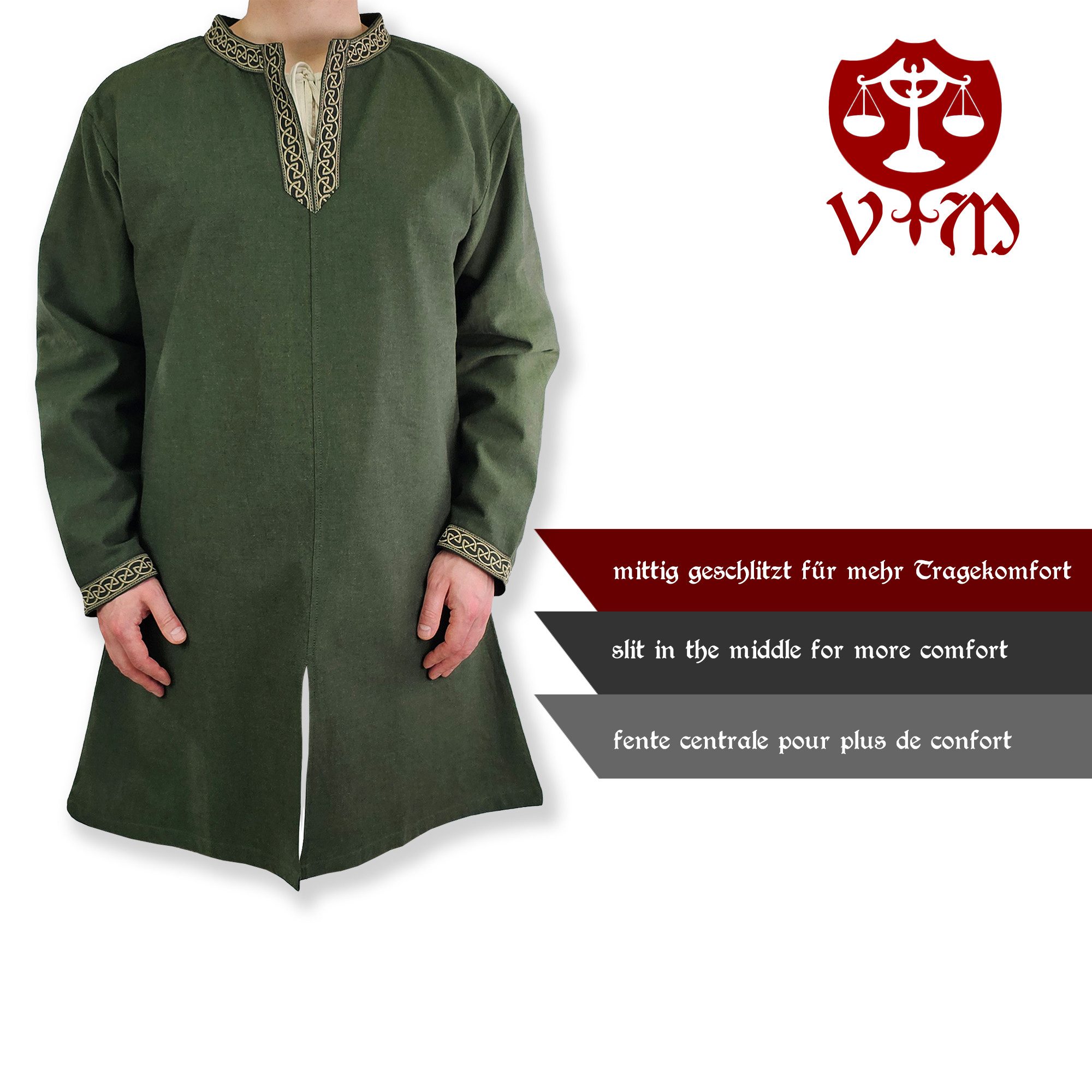 Vehi Mercatus Wikinger-Kostüm Klassische Wikinger Tunika grün mit Knotenmuster "Hakon", langarm