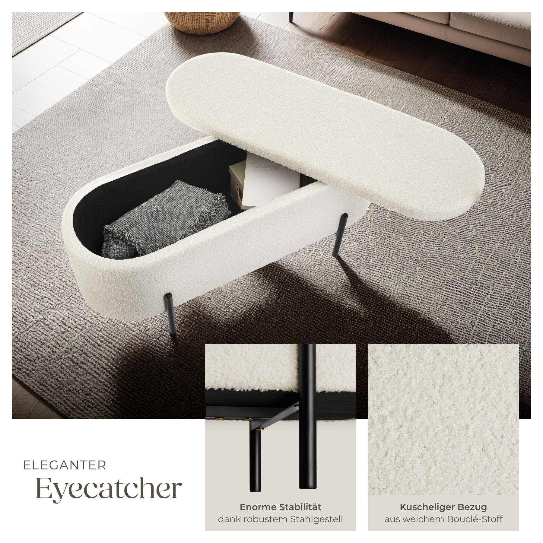 tectake Bank Sitzbank Lanja, gepolstert, mit Bouclé-Stoff und Stauraum, Bequeme Polsterung mit hochdichter Schaumstofffüllung