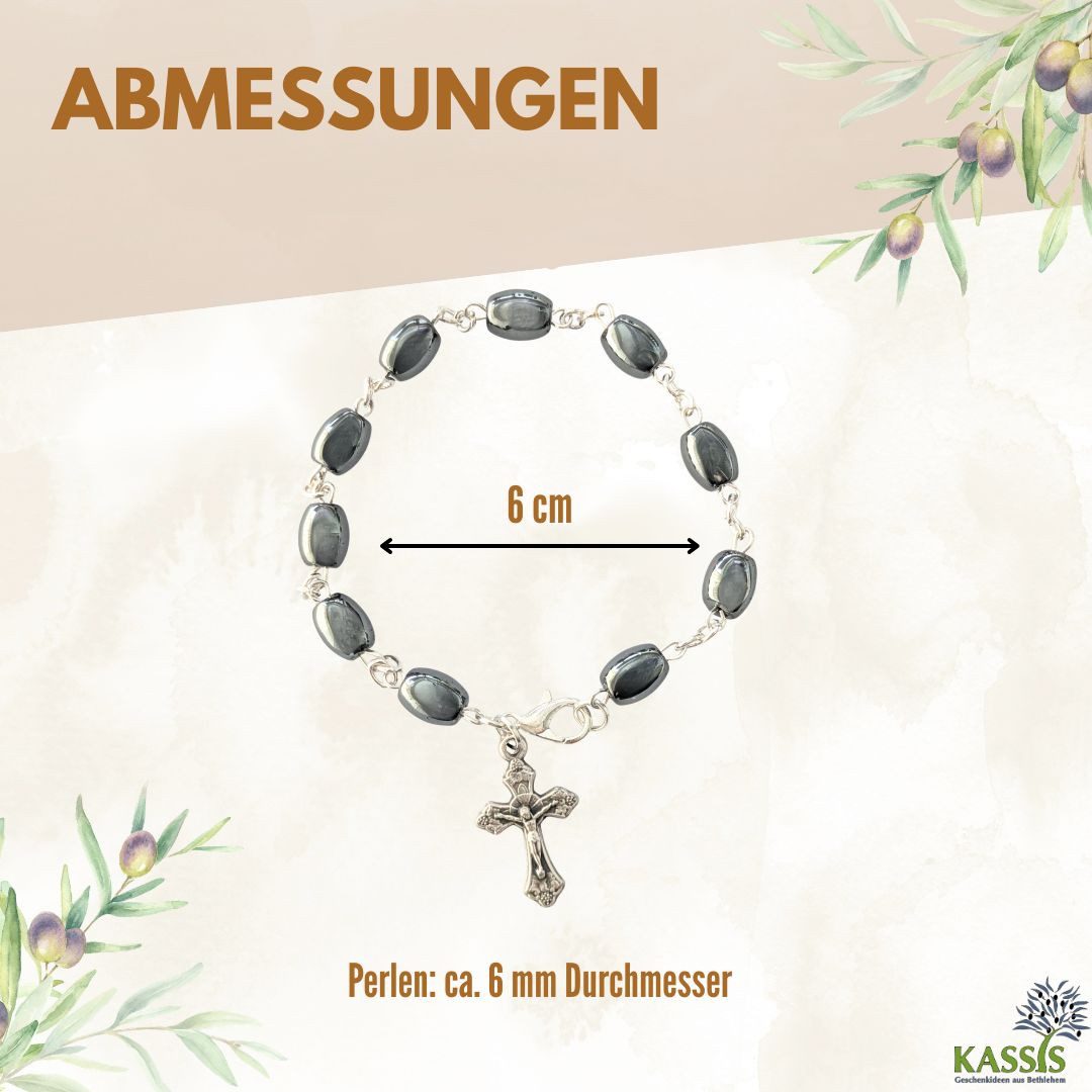 Kassis Geschenkartikel Armband mit ovalen Hämatit-Perlen Gebetskette Talisman Glücksbringer, handgefertigt in Bethlehem, Geschenk zu Kommunion Taufe Firmung
