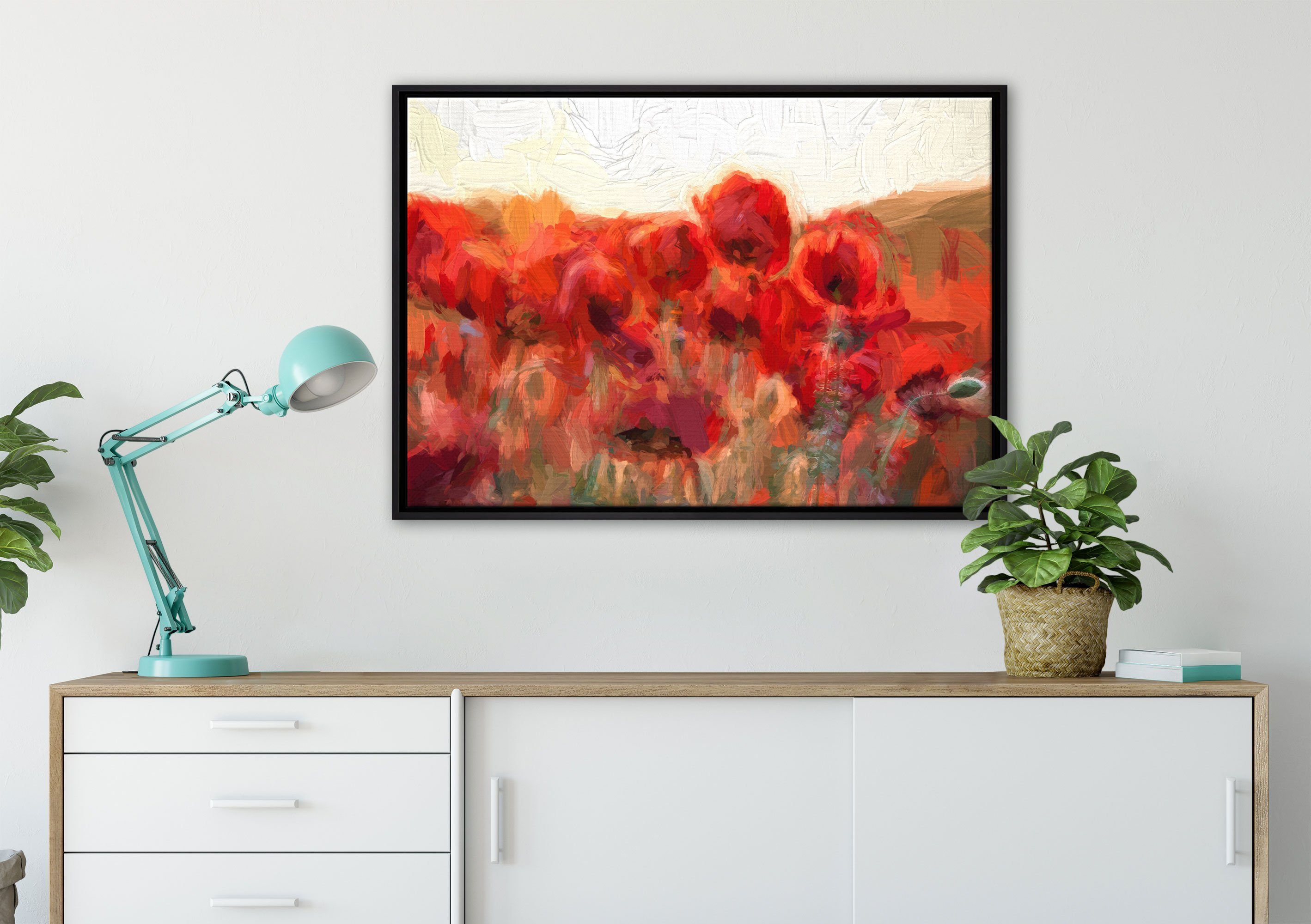 Pixxprint Leinwandbild Feuriger Mohn Kunst, in Wanddekoration (1 einem Zackenaufhänger Schattenfugen-Bilderrahmen St), inkl. Leinwandbild gefasst, bespannt, fertig