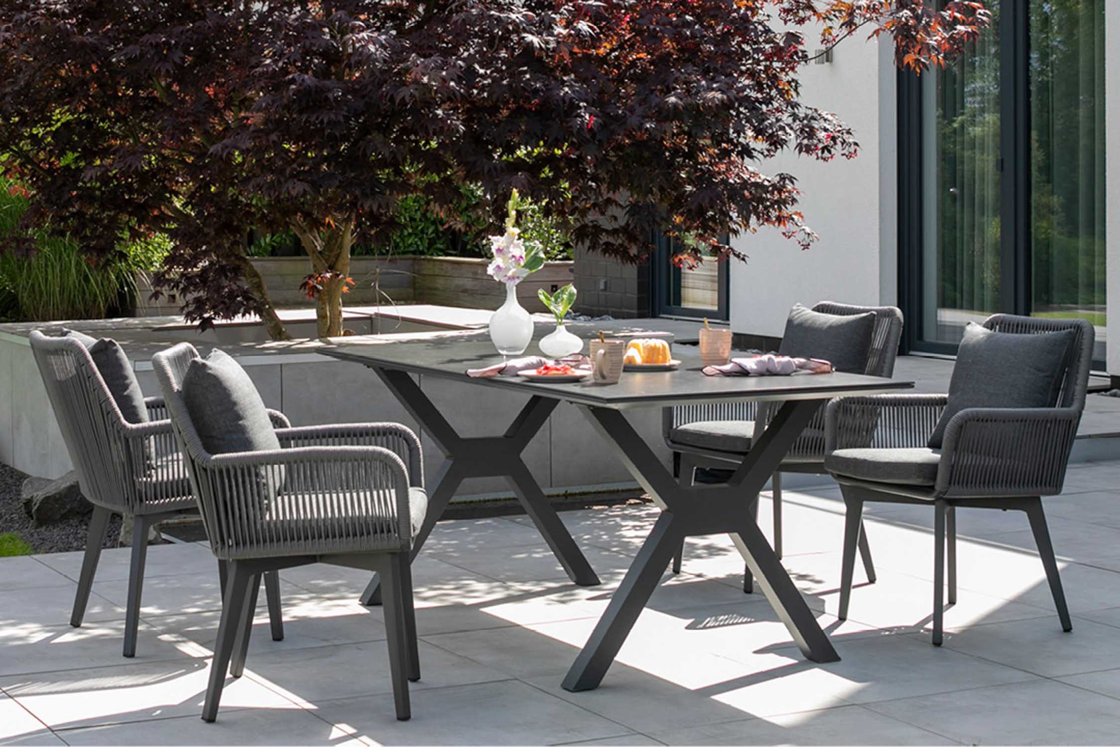 MR.DEKO Gartenlounge-Set Diningsessel Marbella mit Tisch Granada 200 x 90 cm