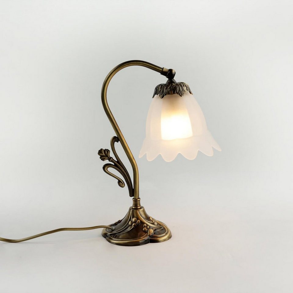 Licht-Erlebnisse Nachttischlampe TABLE LAMP, ohne Leuchtmittel, Tischlampe  Weiß Echt Messing Glasschirm Nachttisch Lampe