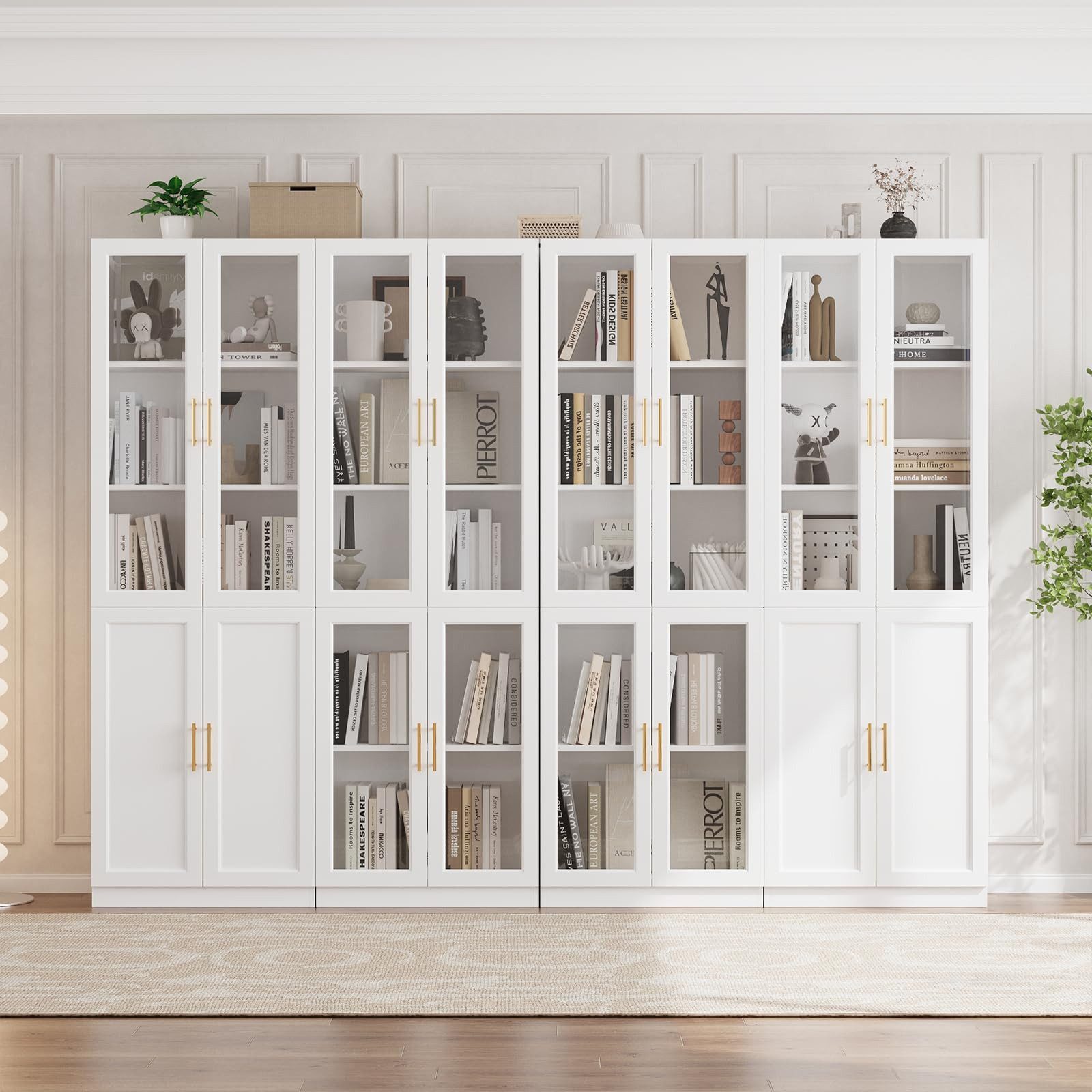 VOWNER Bücherregal mit Glastüren, modernes Großes Aufbewahrungsvitrinen-Set, 4-tlg., Bücherschrank mit Verstellbarem Regalboden, 180cm