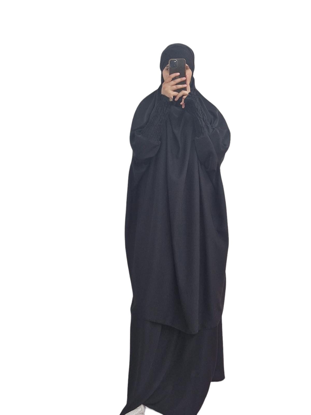 HELLO MISS Maxikleid Islamische Abaya Jilbab Set 2 Teilig Oberteil & Rock Khimar, Kopftuch (Zweiteiler 2 Teilig, 2 Stück, Langoberteil & Rock) in Unifarbe