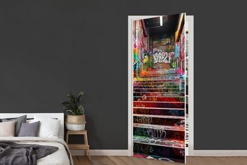 MuchoWow Türtapete Treppe - Graffiti - Farben - Kunst, Matt, bedruckt, (1 St), Selbstklebende Tapete, Folie für Möbel, 75x205 cm