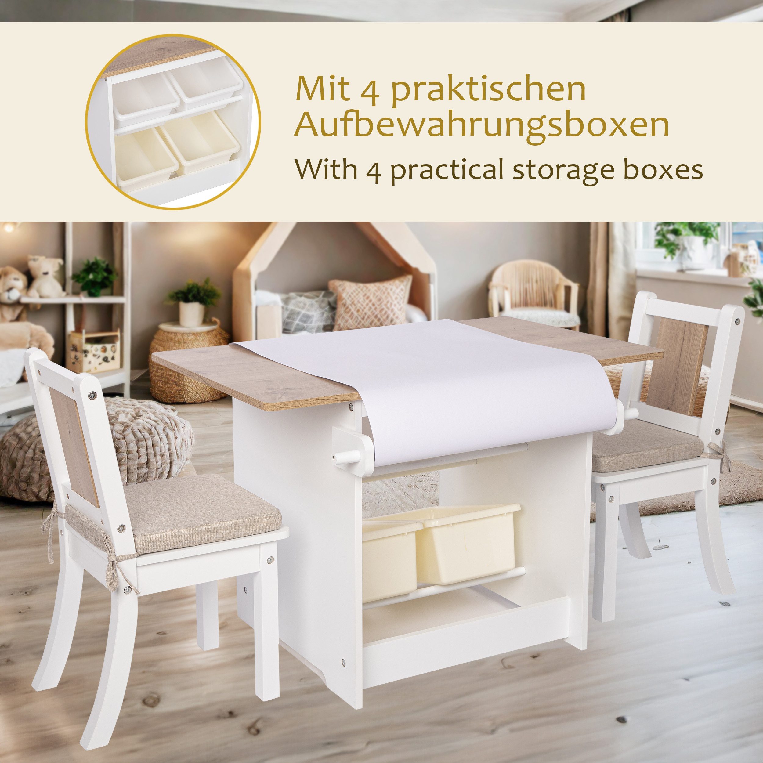 ONVAYA Kindertisch Kindertisch-Set mit Stühlen, Kindersitzgruppe mit Stauraum