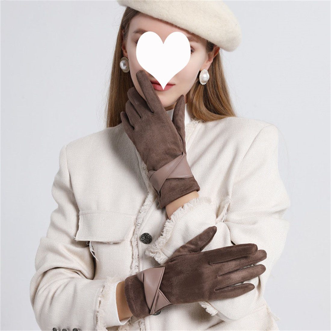 DÖRÖY Fleecehandschuhe Gepolsterte warme Damenhandschuhe, Handschuhe mit berührbarer Schleife Kaffee
