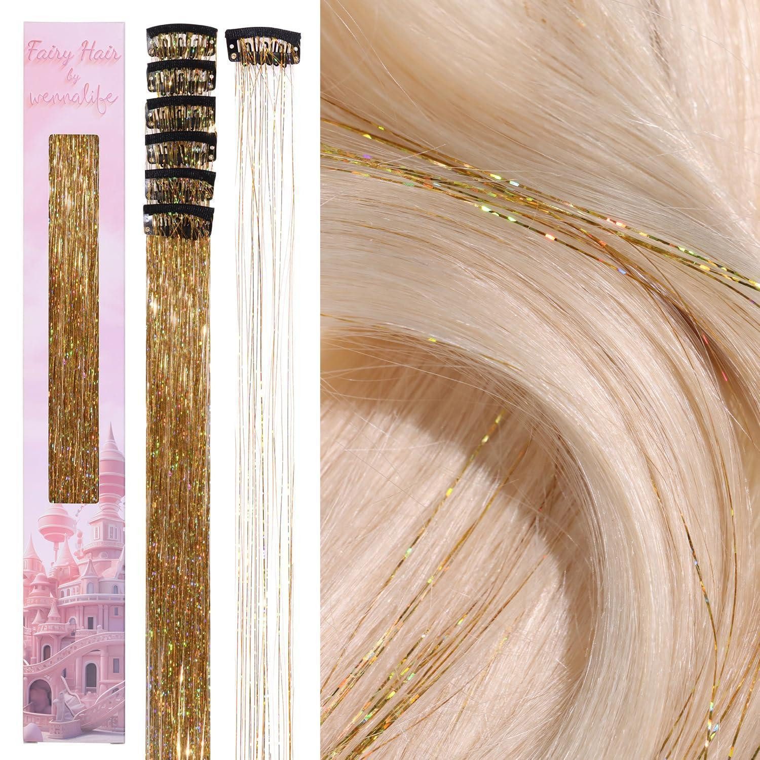 LuxusKollektion Kunsthaar-Extension Haarlametta Clip In Glitzer Champagner 60cm - 6 Clips C-#Champagner