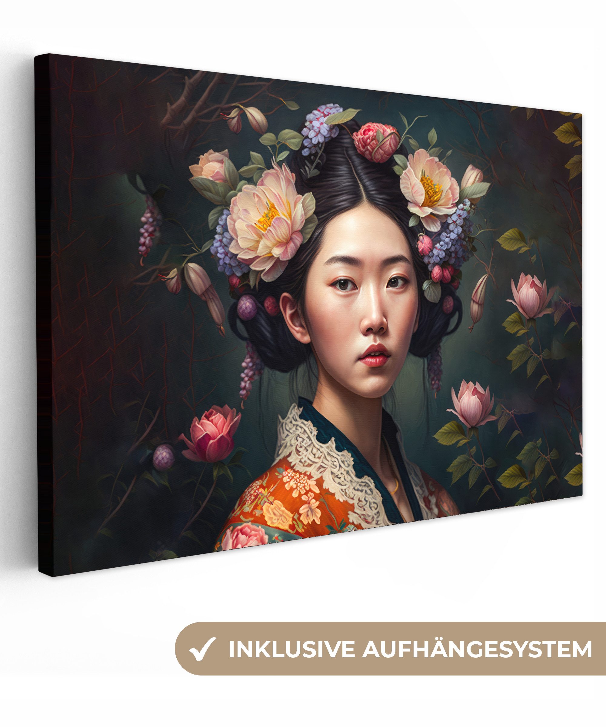 OneMillionCanvasses® Leinwandbild Frau - Blumen - Kimono - Porträt - Asiatisch, Fotodruck (1 St), Leinwand Bilder Klein, Wand Dekoration Aesthetic 30x20 cm