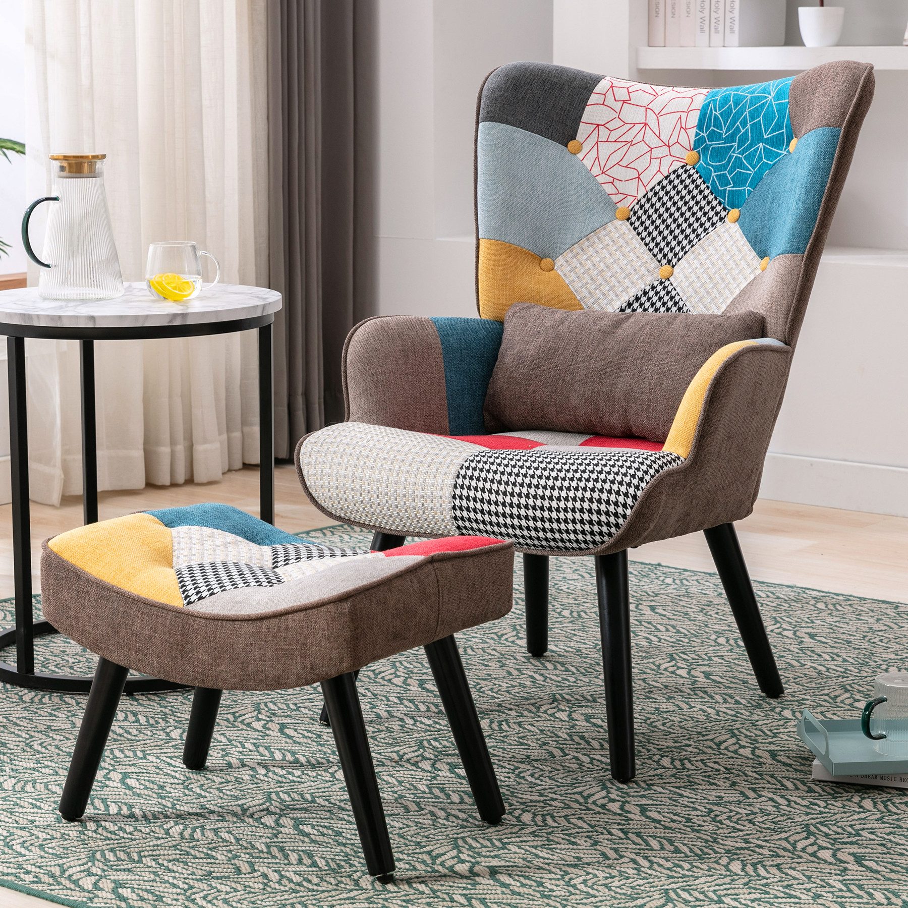 HomeMiYN Ohrensessel Relaxsessel Lehnstühle Patchwork Ohrensessel mit Hocker lesesessel, Chair