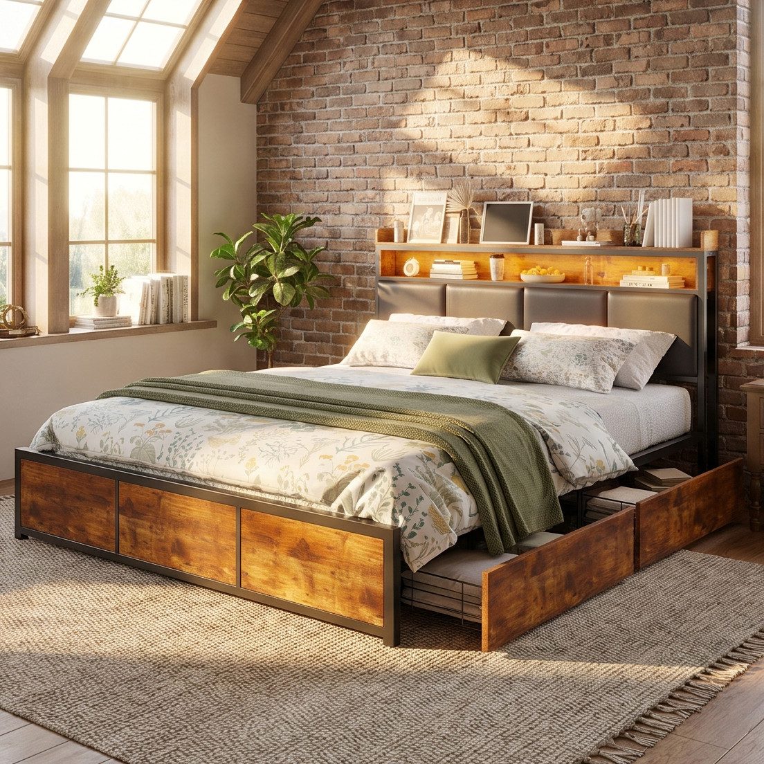 ADWOLT Stauraumbett Doppelbett Metallbett Mit LED-Beleuchtung und 4 Schubladen (Packung, 1-tlg., Jugendbett), 180x200 cm,Mit Kopfteil und Bettgestell,Kopfteil mit Lederbezug