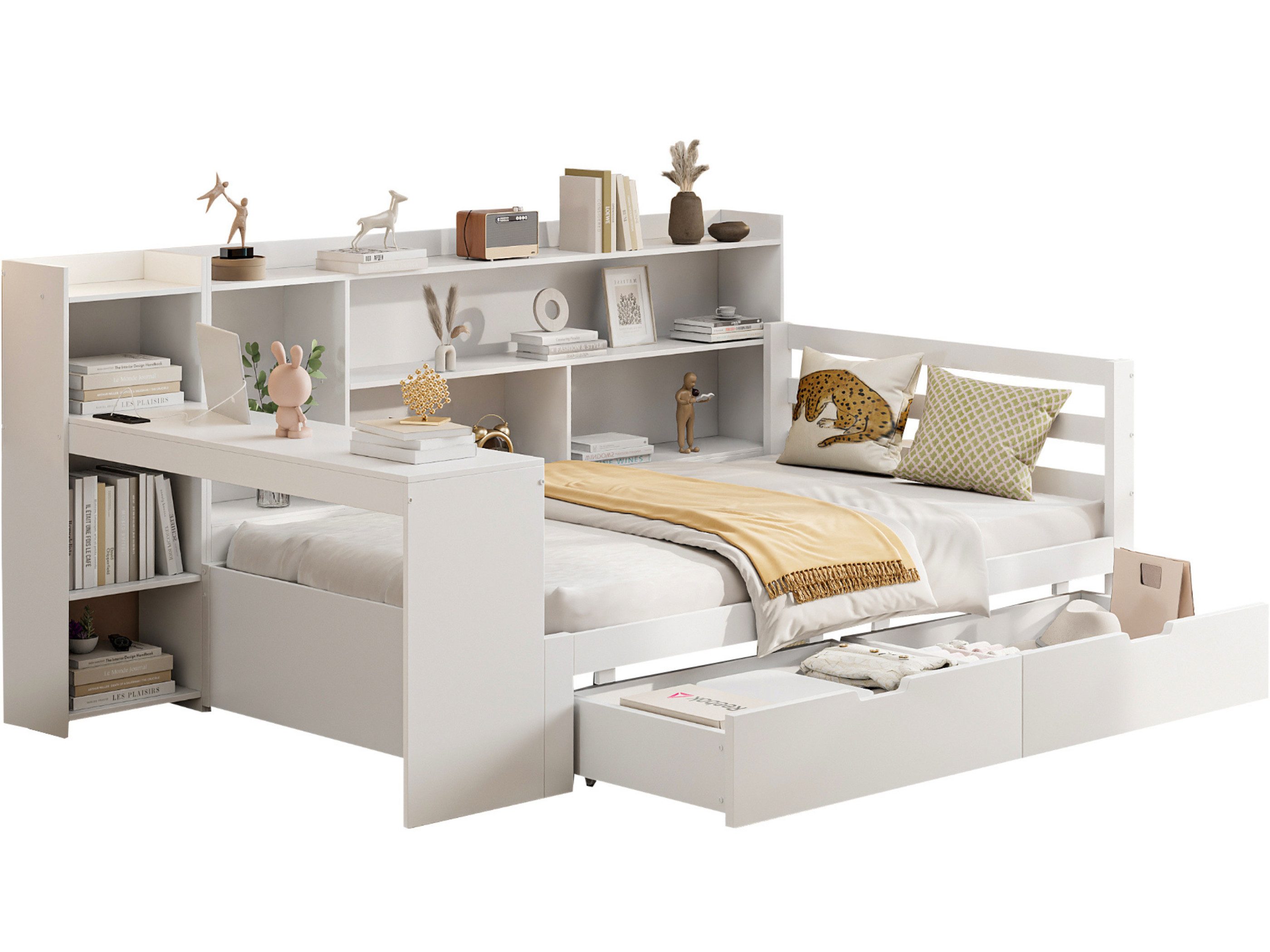 SeedWave Holzbett Mehrzweckmäßiges Stauraumbett Massivholz Schlafsofa 90×200cm/140×200cm, Arbeitstisch mit USB-Ladeanschlüsse und Steckerladeanschlüsse