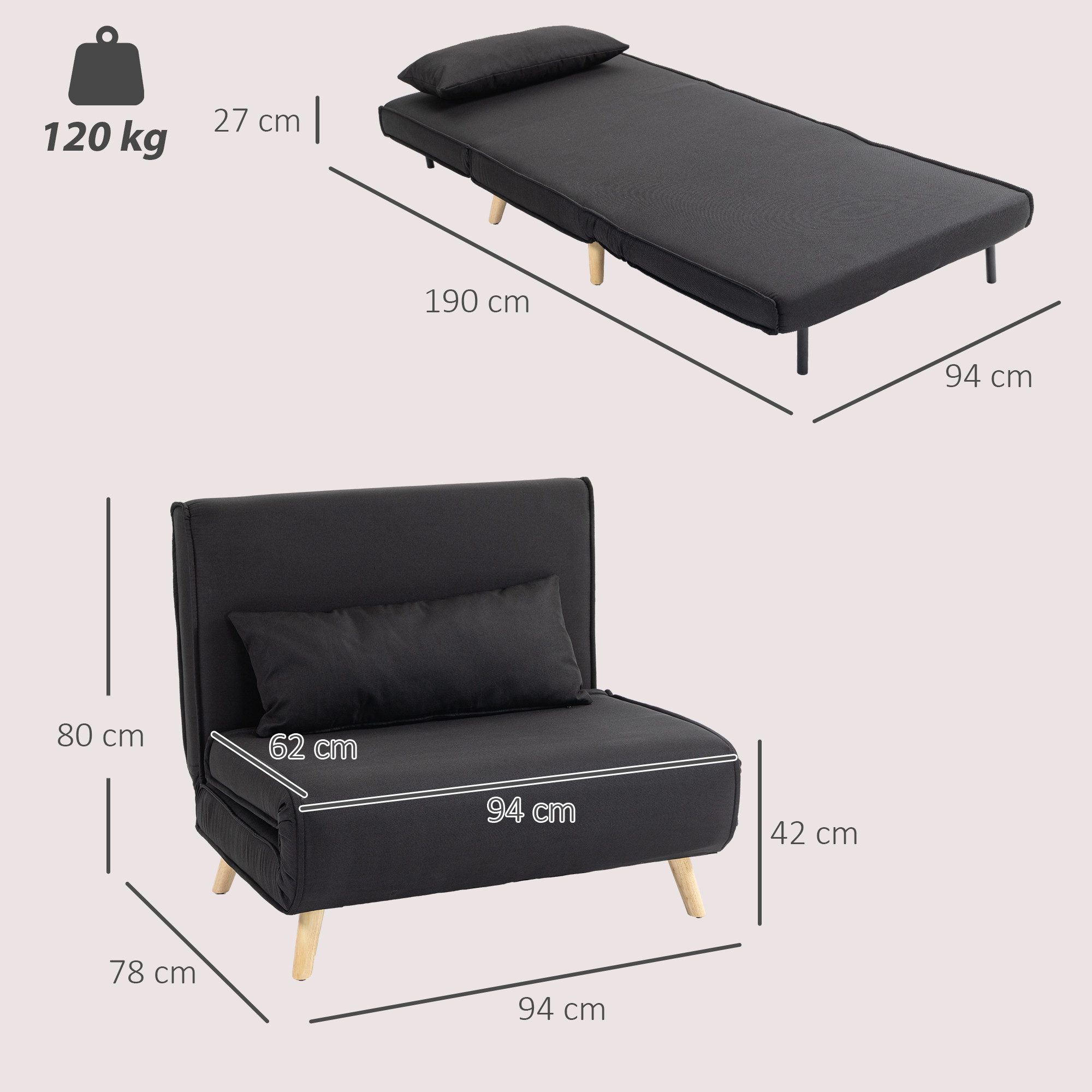 HOMCOM Sessel Schlafsofa mit Bettfunktion, Zierkissen (Schlafsessel, 1-St., Klappsessel), für Wohnzimmer, Schwarz