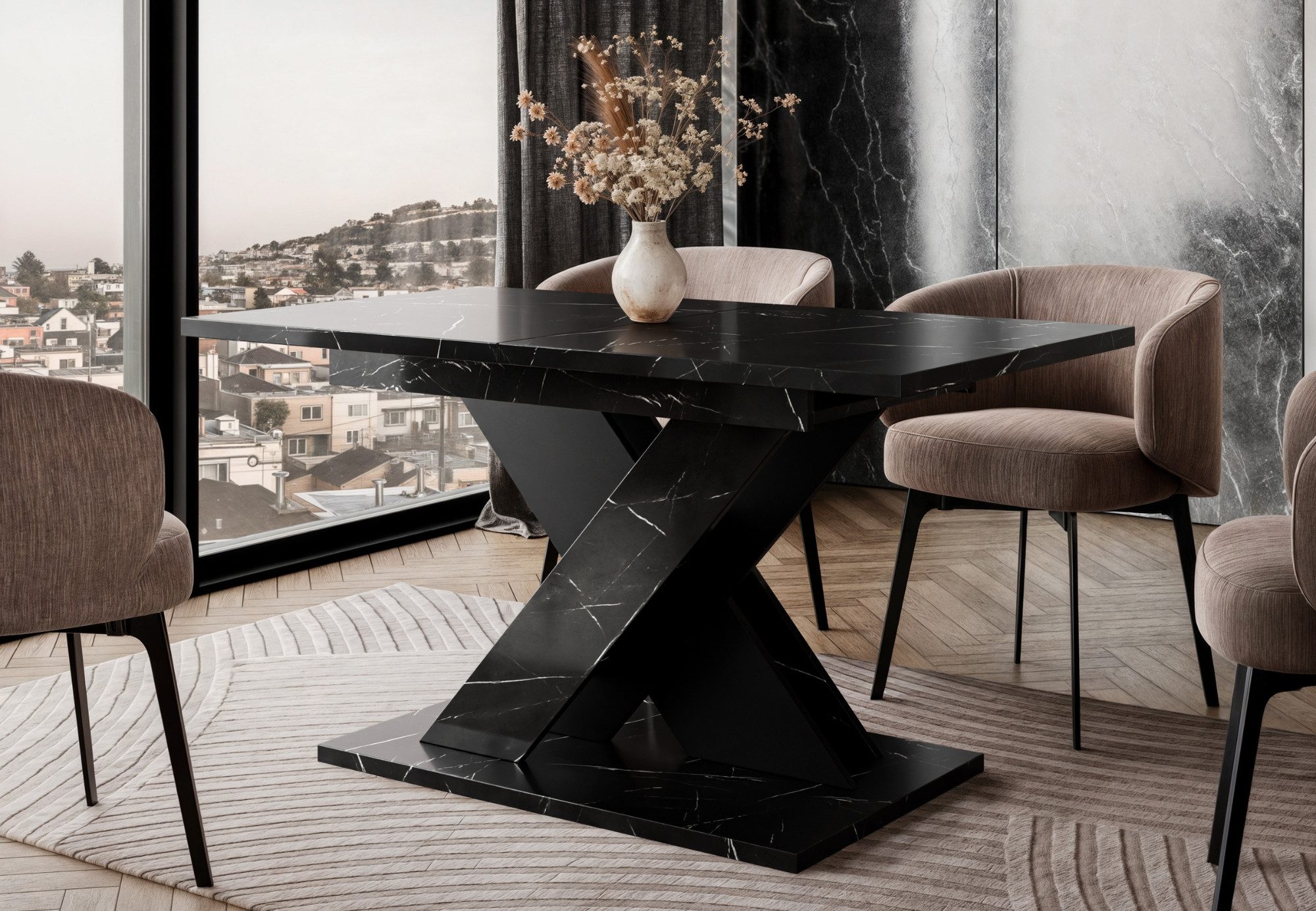 Home Collective Esstisch ausziehbar Tisch Küchentisch Esszimmertisch 120 oder 140 cm (wählbar in 120-160 oder 140-180 x 80 cm Esszimmer Küche Wohnzimmer Esstisch erweiterbar), modernes Design mit X-Gestell Schwarz Marmor-Optik