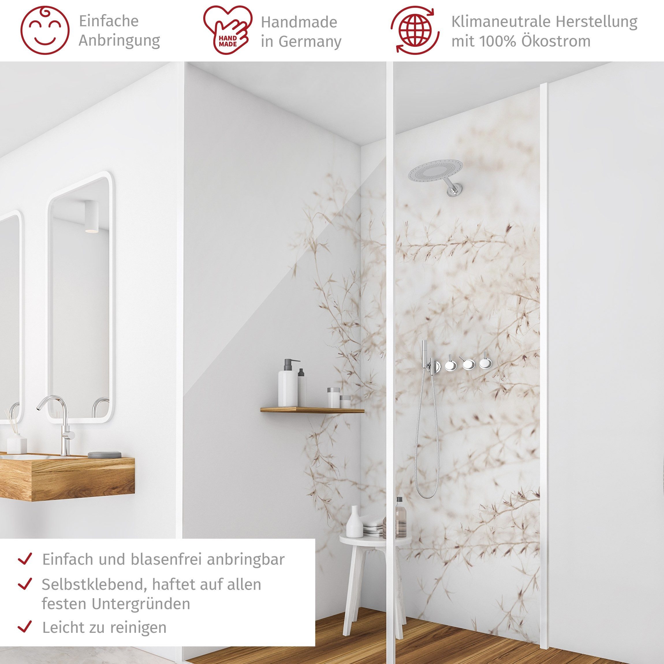 Thumbnail - Bilderdepot24 Badrückwand Gräser beige Duschrückwand ohne Bohren Tropisch Landhaus, (2-tlg., Hart-Folie Premium matt 0,6...