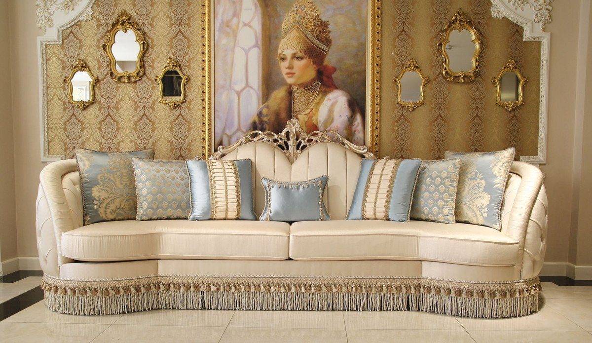 Casa Padrino Sofa Luxus Barock Wohnzimmer Sofa Beige / Silber 300 x 95 x H. 115 cm - Prunkvolles Sofa im Barockstil - Edle Barock Wohnzimmer Möbel