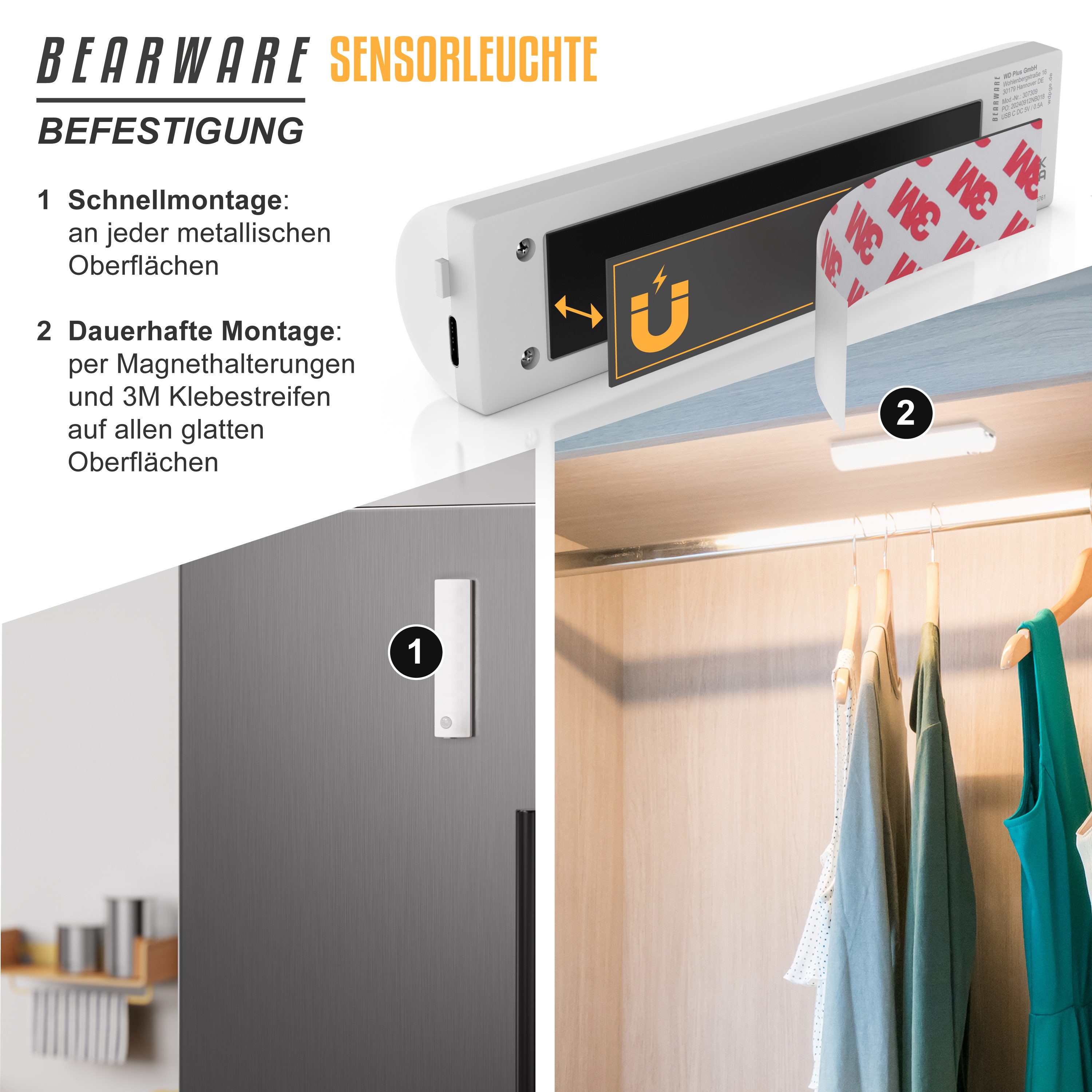 BEARWARE Smarte LED-Leuchte Sensorlicht mit Bewegungsmelder, PIR Sensor, 4 Lichtfarben, Nachtlicht, Farbwechsel; Ein-/Ausschalter, LED fest integriert, Kaltweiß, 2× Warmweiß, Neutralweiß, Flexible Anbringung mit Magnetstreifen, 40 Lumen, 3m Reichweite