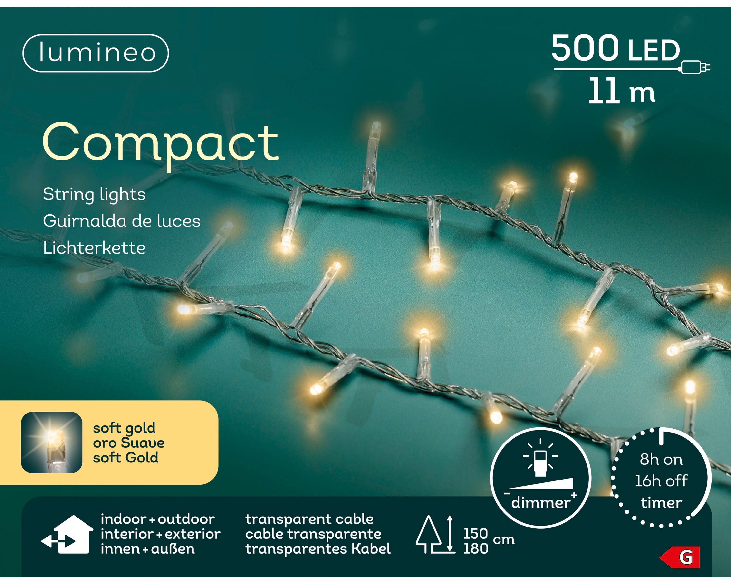 Lumineo LED-Lichterkette Lumineo Lichterkette COMPACT 500 LED 11 m Soft Gold, transp. Kabel, Indoor/Outdoor, dimmbar, 8h-Timer, 5 m Zuleitung