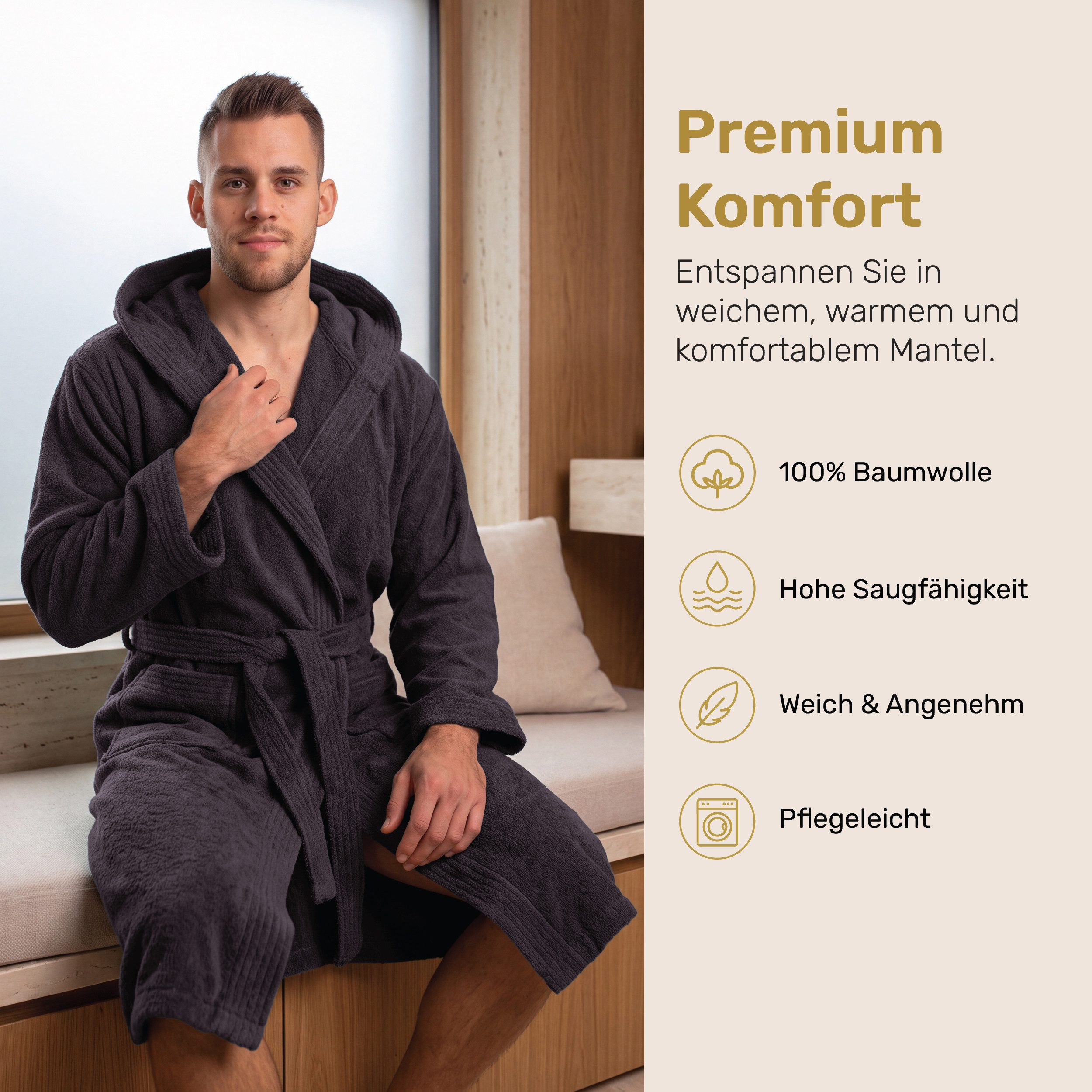 Lavea Bademantel Damen und Herren, Morgenmantel Mexico, Hotelbademantel, Lang, 100% Baumwolle, mit Kapuze, hochwertiger Bindegürtel, Weich & Saugstark - Spa Fee – Bild 4 von 5