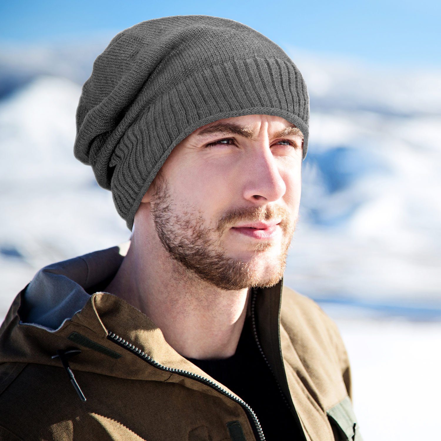 Herren Gefütterte Damen (1-St) Haube compagno Mütze Beanie Strickmütze grau Wintermütze Strickmütze