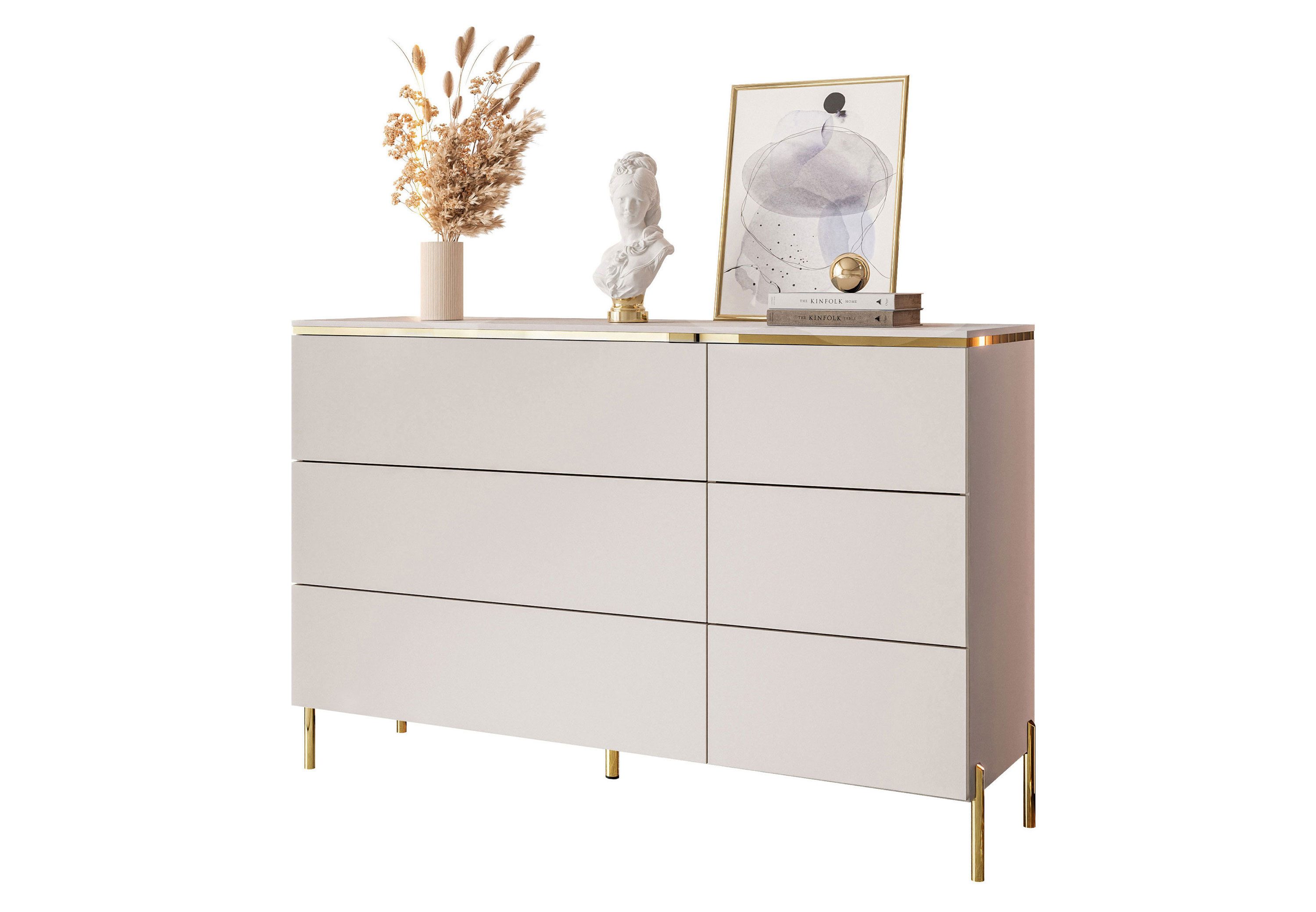 Lookway Kommode AURORA 6S in Kaschmir mit goldener Leiste, Breite: 138 cm, Tiefe: 40 cm