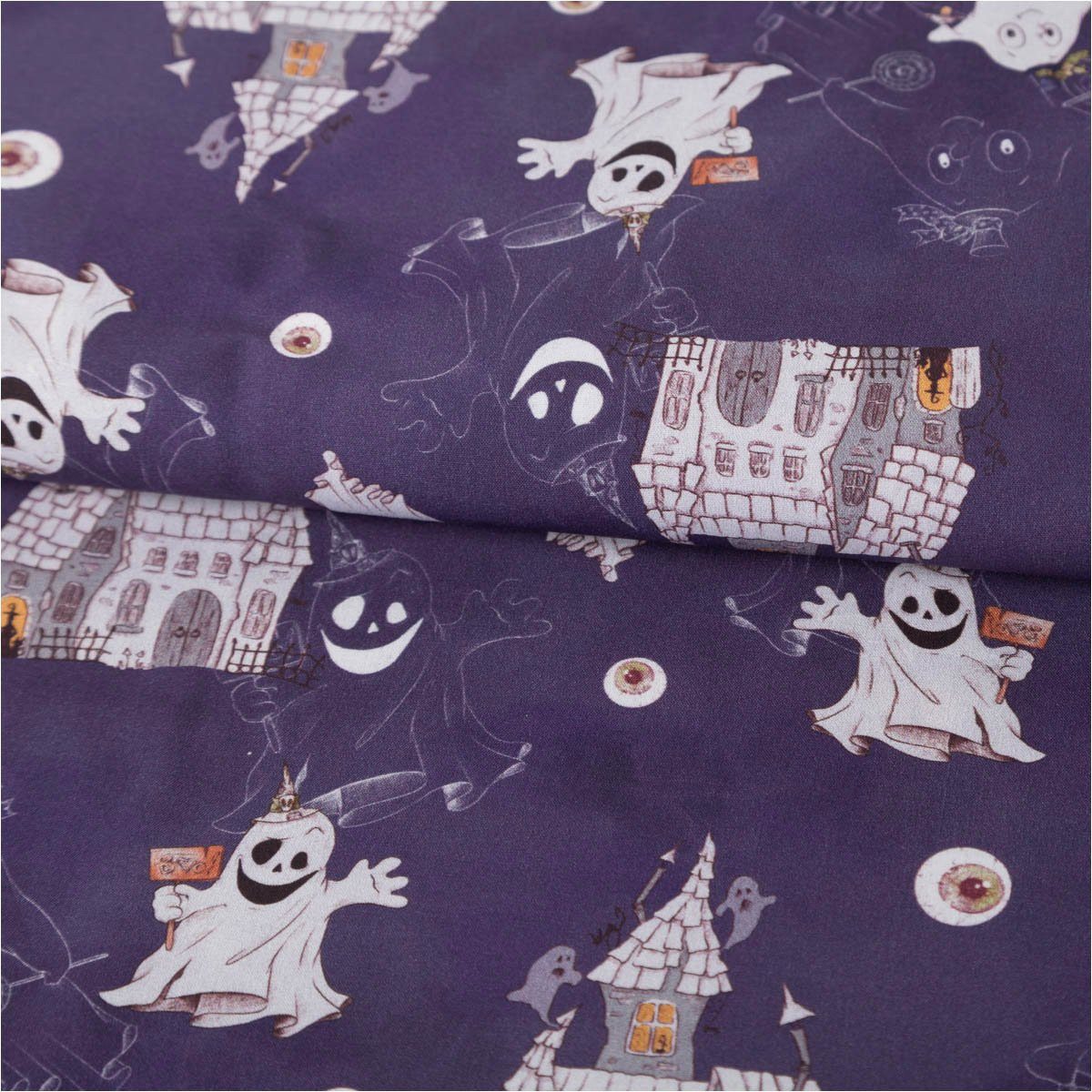 Swafing Stoff Baumwollstoff Meterware Webware Halloween Gespenster violett weiß 1,5m, allergikergeeignet