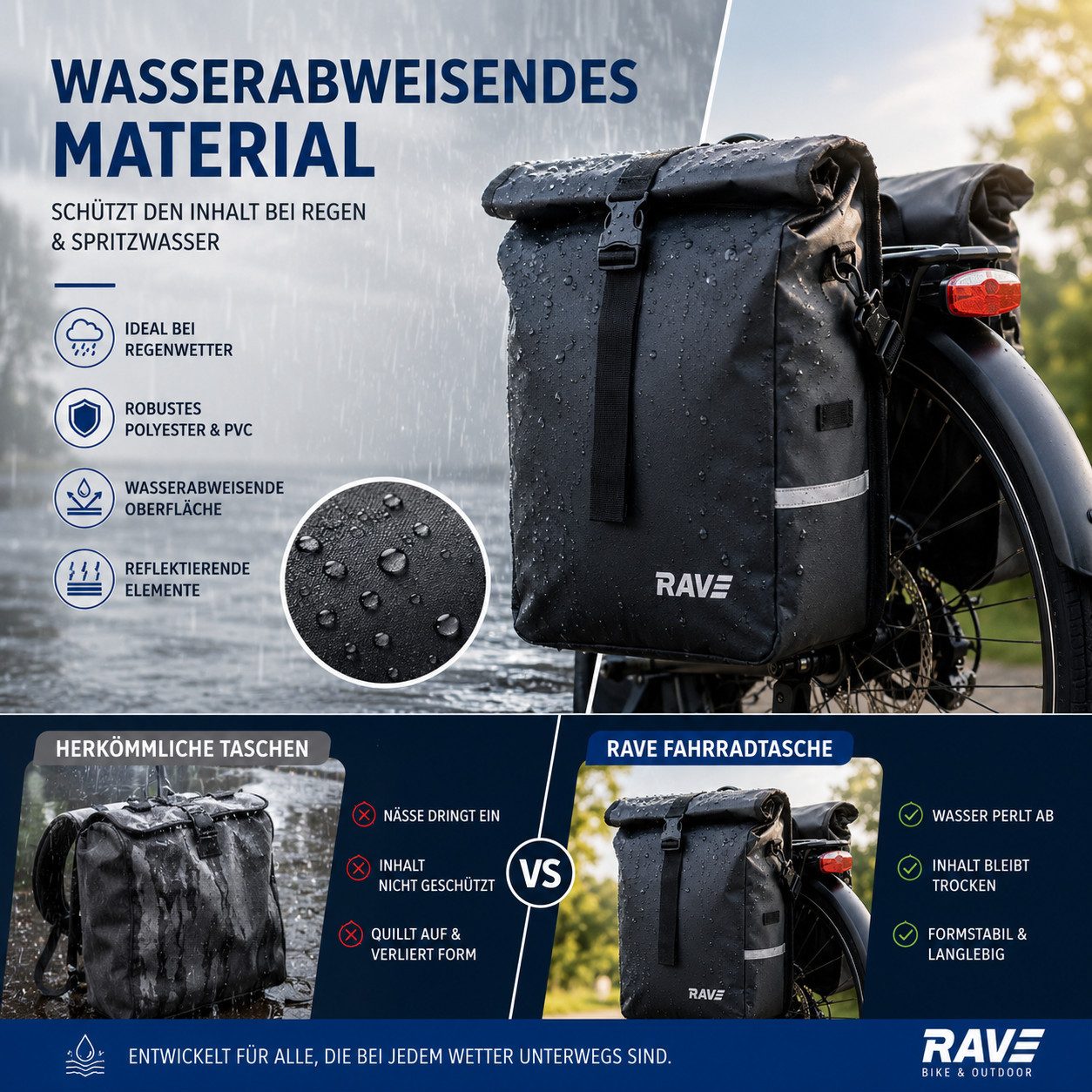 Rave Bike&Outdoor Gepäckträgertasche Voyage (2-tlg., 2 x 22 Liter), Schnelle, werkzeuglose Montage dank Easy-Click-System
