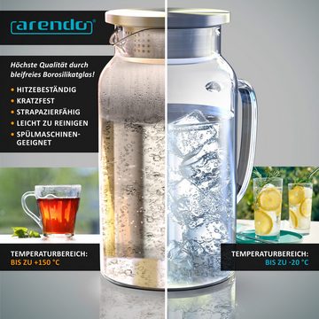 Arendo Karaffe Glaskaraffe mit Deckel aus lebensmittelechtem Edelstahl, Borosilikatglas, 1450 ml, Sieb, hitze- und kältebeständig, BPA-frei