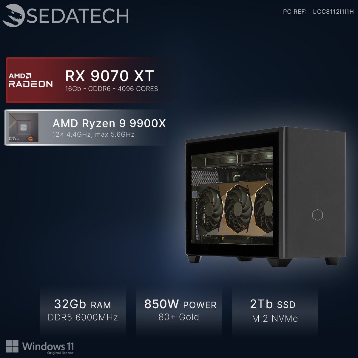 Sedatech UCC8112I1I1HF - Watercooling Workstation Mini-PC (AMD Ryzen 9 9900X 12x 4.4GHz (max 5.6GHz), Radeon RX 9070 XT 16GB, 32 GB RAM, 2000 GB SSD, Watercooling, Wlan 6E)