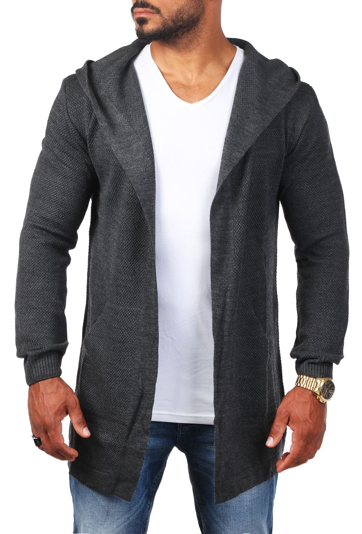 Passform in Herren Feinstrick Cardigan Dunkelgrau Weste Unifarbe leichte lange CARISMA Strickjacke Herren 7717