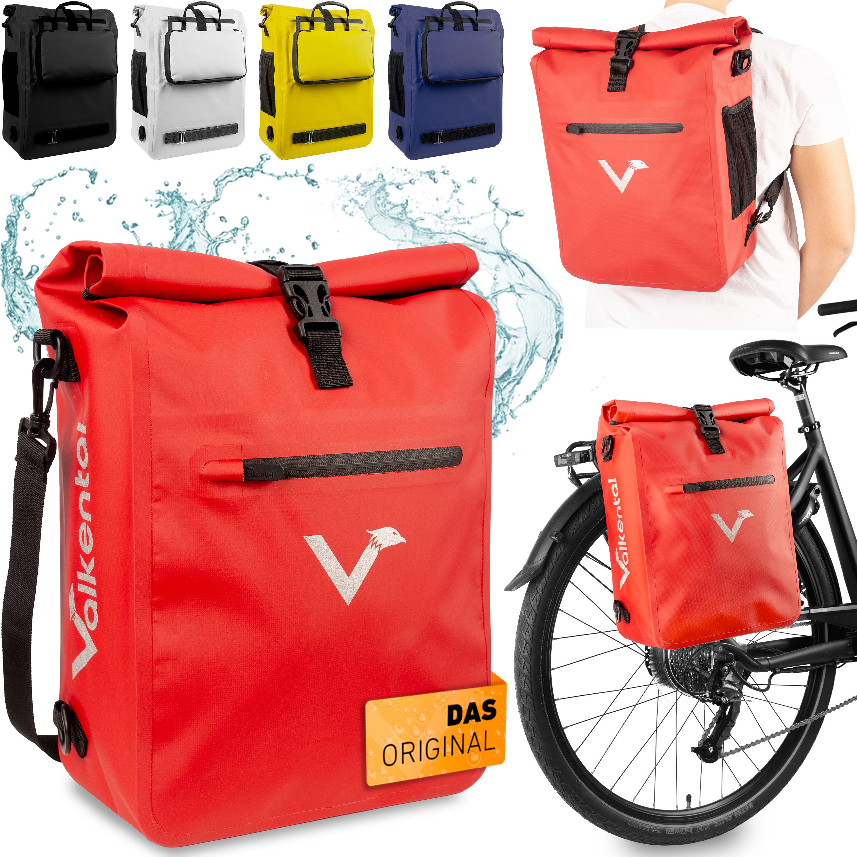 Valkental Fahrradtasche Gepäckträgertasche, Rucksack und Umhängetasche, 3in1 - wasserdicht & reflektierend 25 L