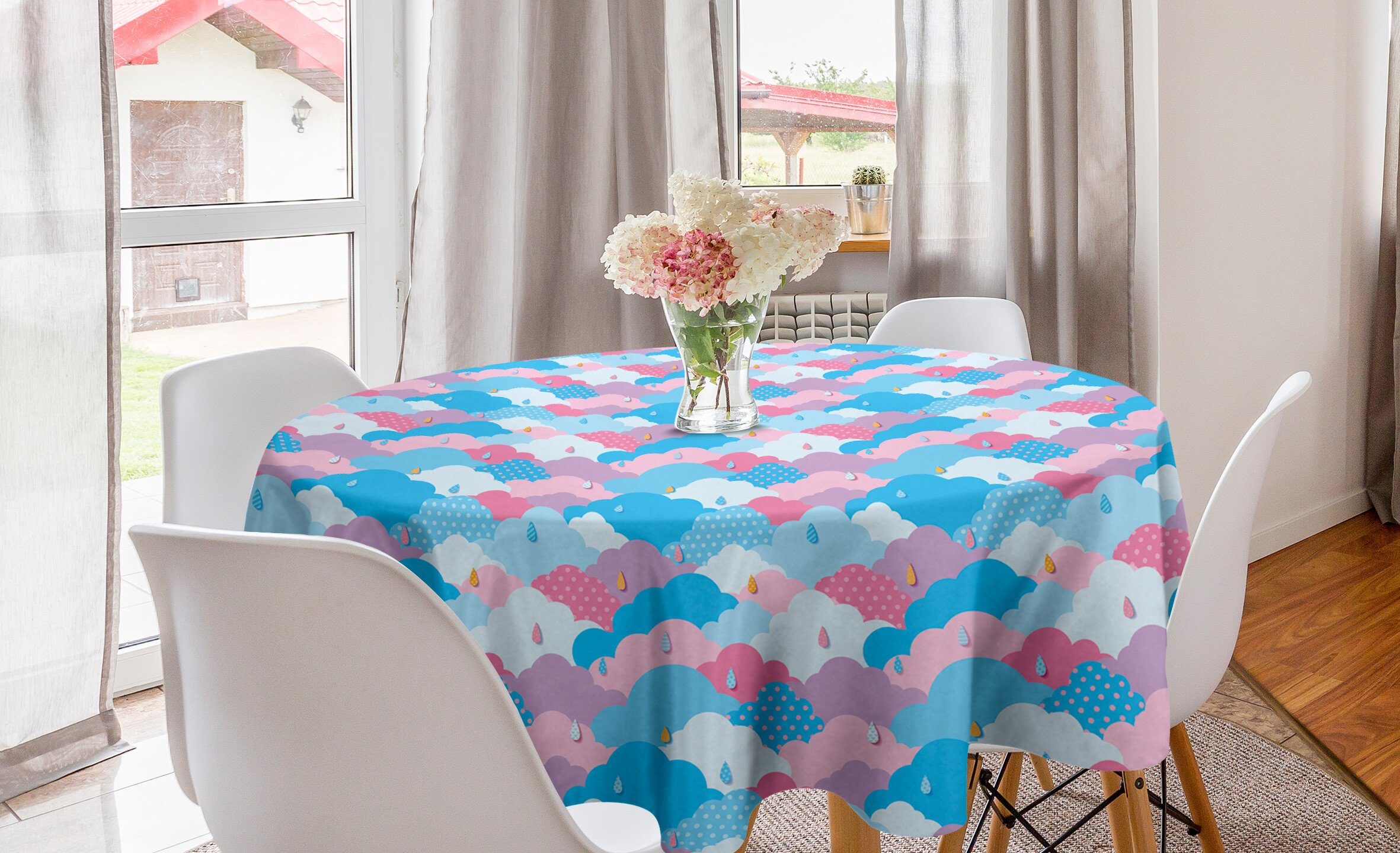 Abakuhaus Tischdecke Kreis Tischdecke Abdeckung für Esszimmer Küche Dekoration, Abstrakt Kindisch Stil Regen-Wolken