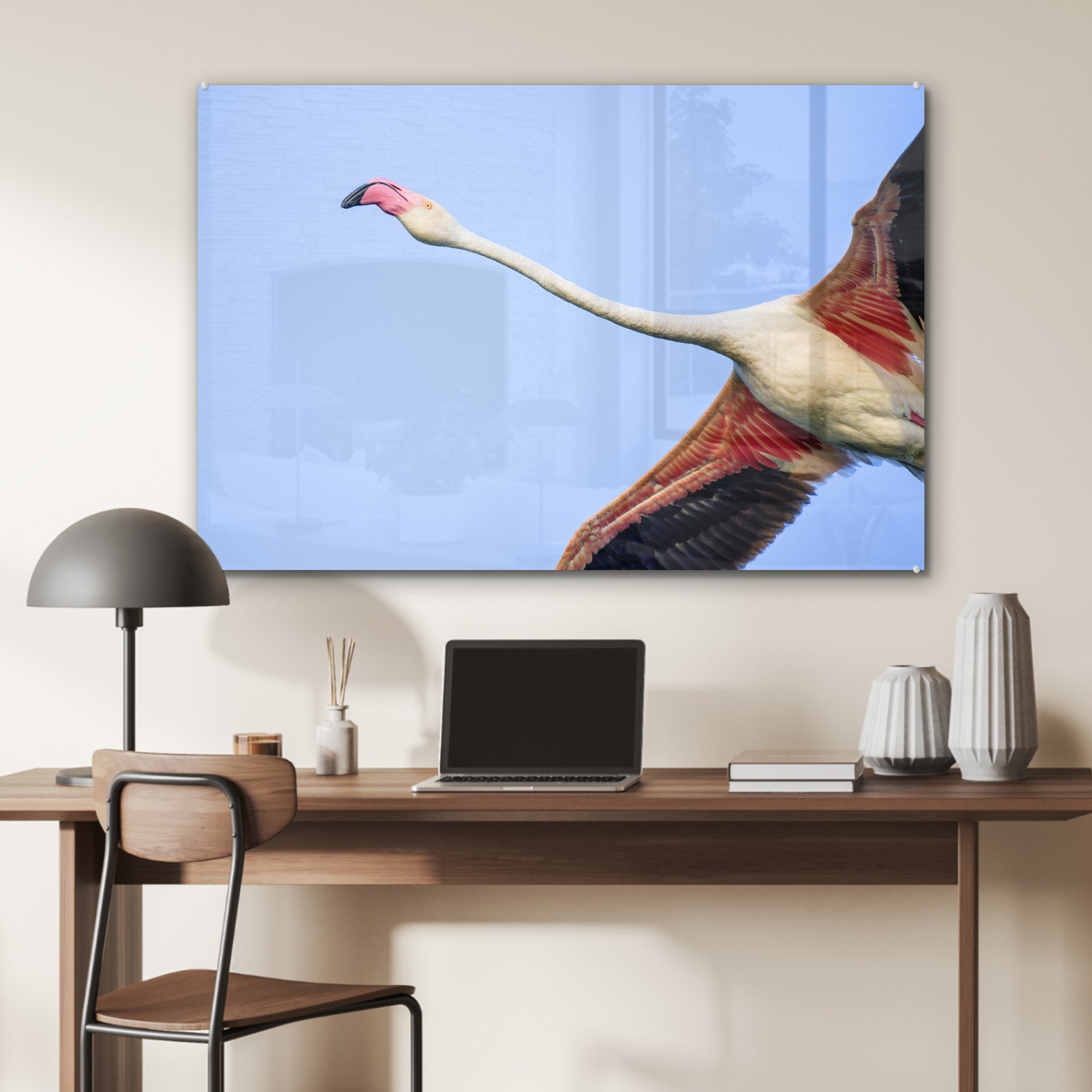 Acrylglasbilder eines Ansicht Acrylglasbild von unten, St), MuchoWow Schlafzimmer (1 Flamingos fliegenden Wohnzimmer &