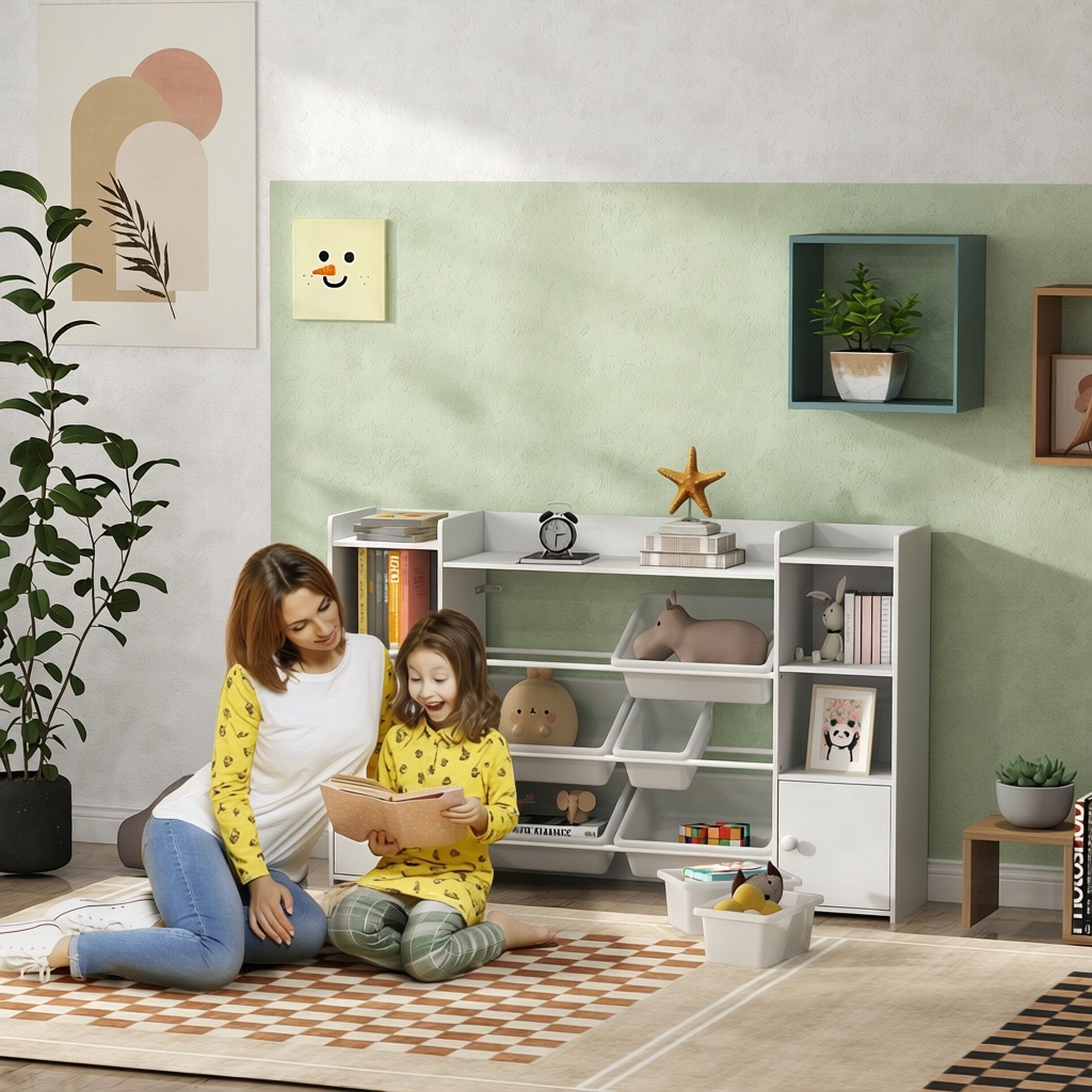 AIYAPLAY Kinderregal Spielzeugregal, Bücherregal, 8 Aufbewahrungsboxen, 4 offene Fächer, Spielzeugkiste 1-tlg., für Kinderzimmer, Kindergarten, Weiß