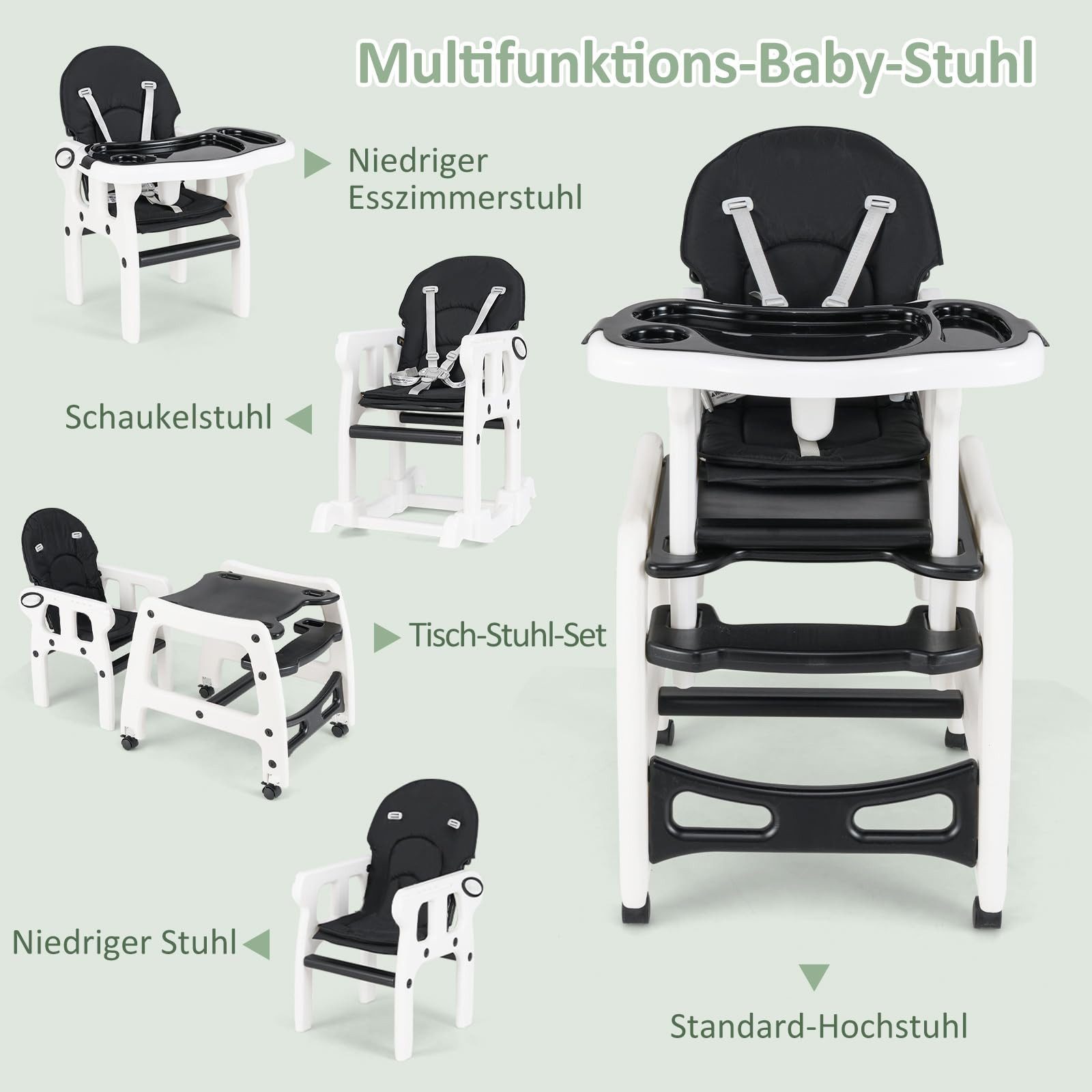 COSTWAY Hochstuhl 3 in 1 Babystuhl, wandelbar, einstellbarer Winkel, abnehmbar