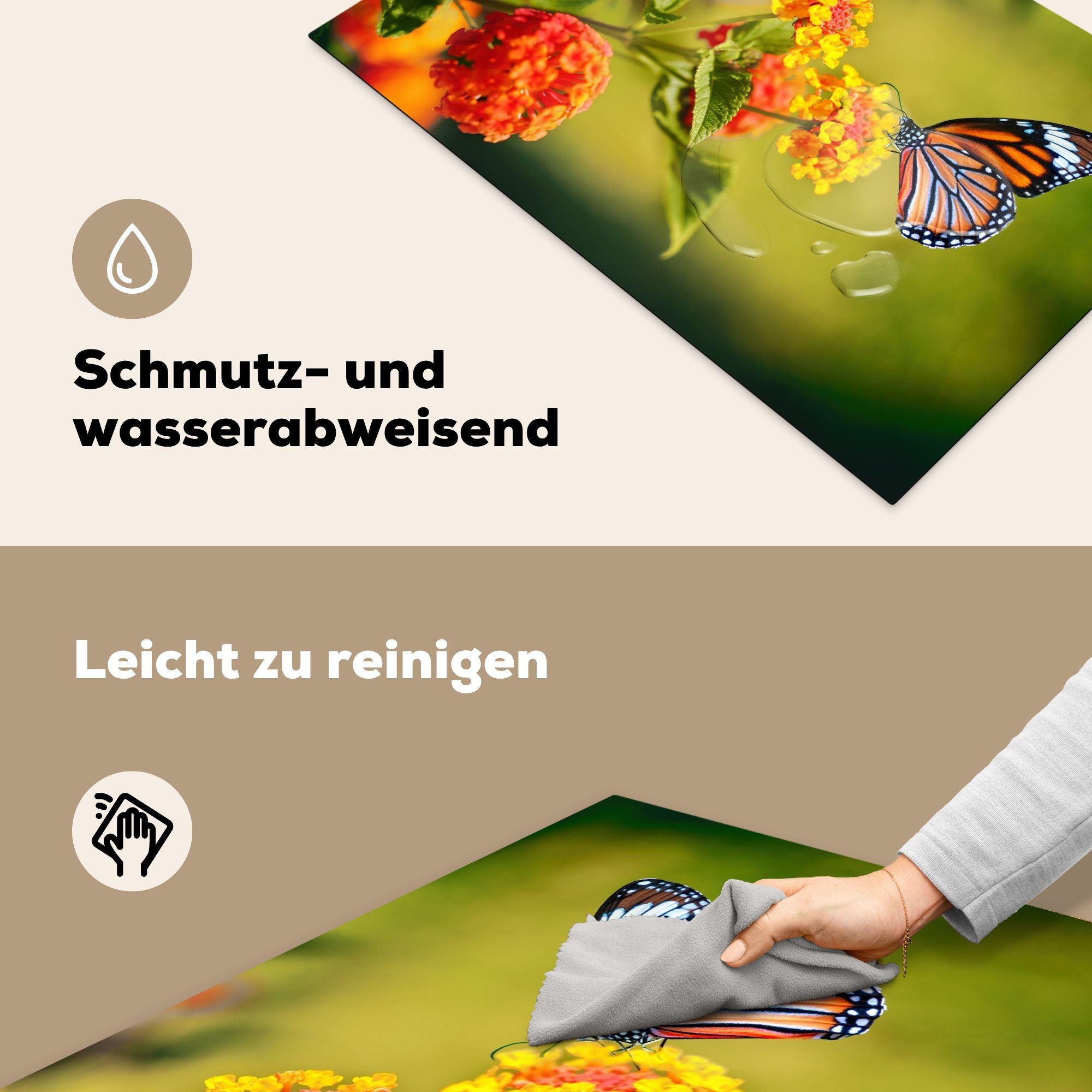 (1 Vinyl, Insekten tlg), Schmetterling für Schutz Gelb, - - cm, 81x52 die Herdblende-/Abdeckplatte Ceranfeldabdeckung MuchoWow küche, - Blumen Induktionskochfeld