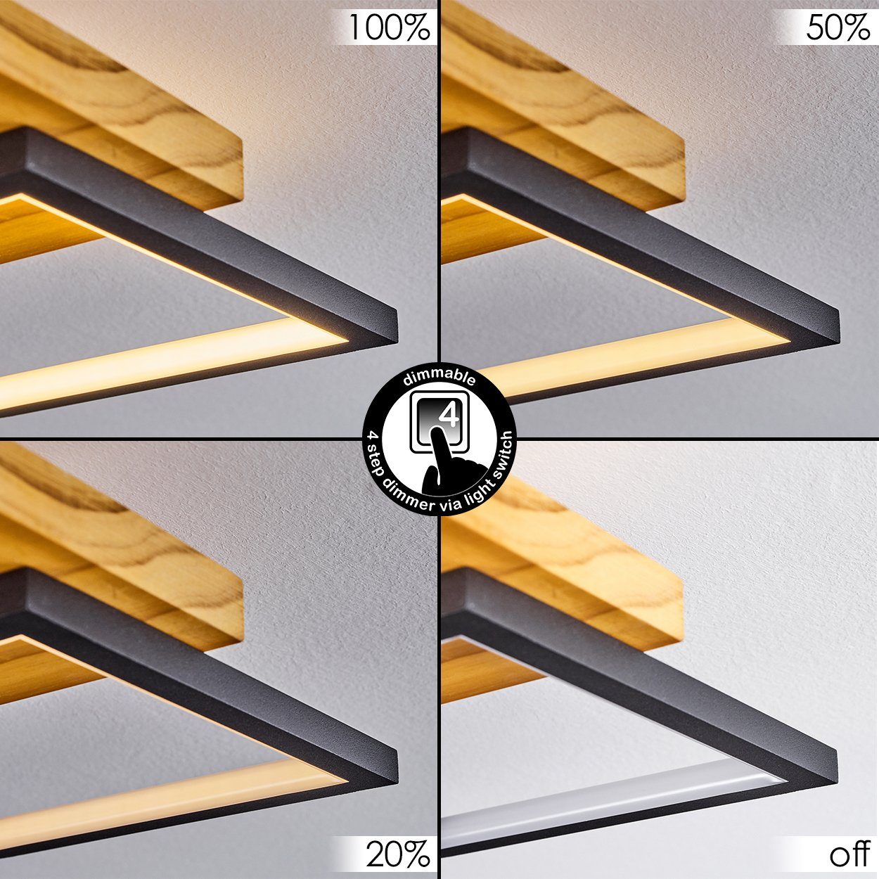 hofstein Deckenleuchte »Palermo« dimmbare Deckenlampe, Metall/Holz/Kunststoff, Schwarz/Natur, 3000 Kelvin, über herkömmlichen Lichtschalter dimmbar, LED, 4000 Lumen