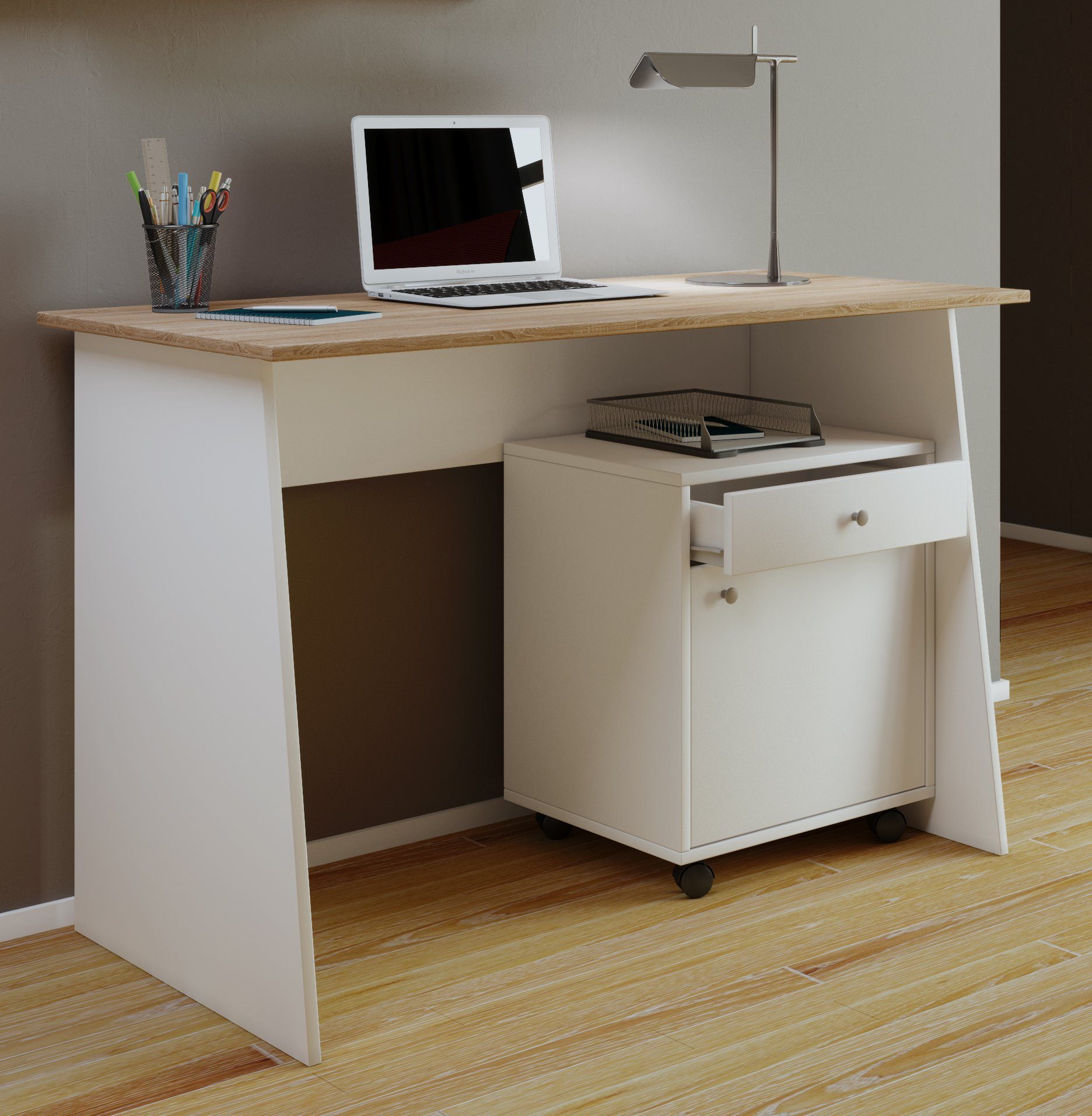 Computertisch Weiß / Holz Maxi VCM Schreibtisch Masola Schreibtisch Sonoma-Eiche