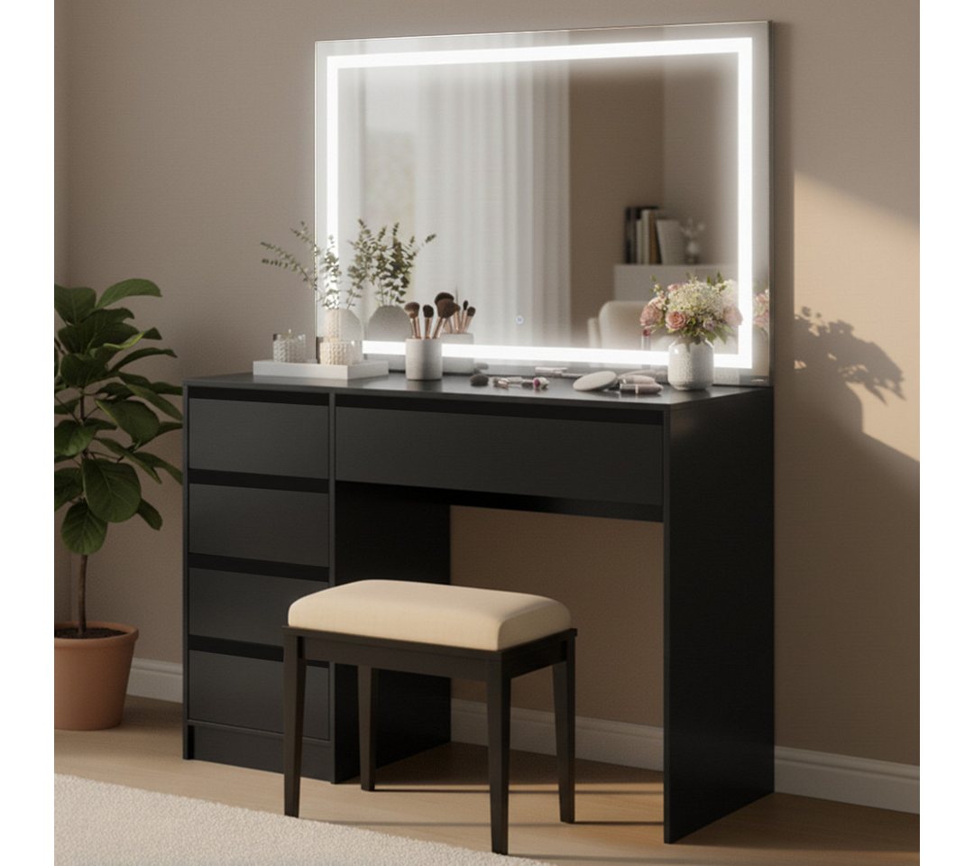 Bellamio Schminktisch Nore mit Spiegel, mit und ohne LED-Beleuchtung (Schwarz, 5 Schubladen, 110x70x53 cm), Kosmetiktisch mit 3 Farbstufen & Touch-Sensor