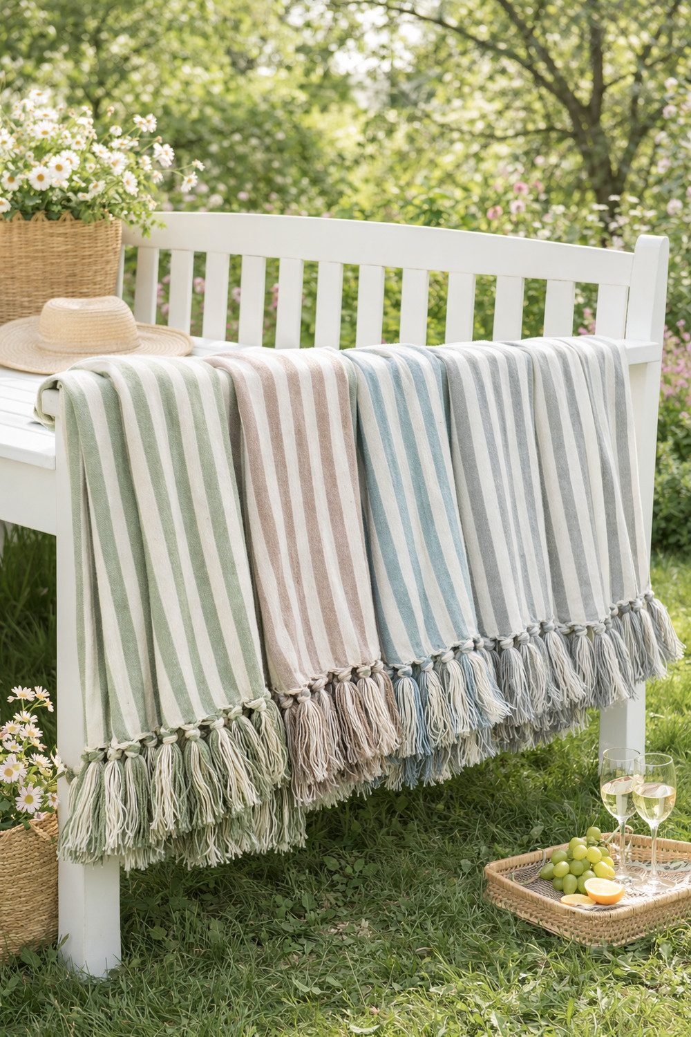 Wohndecke Türkis Streifen, AU Maison, Gestreift 100 % Baumwolle mit Fransen 130x180 cm