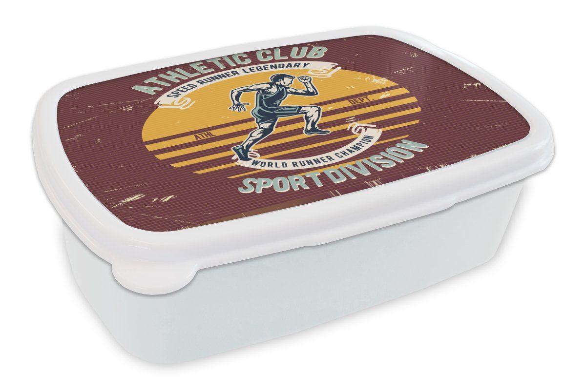 MuchoWow Lunchbox Lauf - Sport - Jahrgang, Kunststoff, (2-tlg), Brotbox für Kinder und Erwachsene, Brotdose, für Jungs und Mädchen weiß
