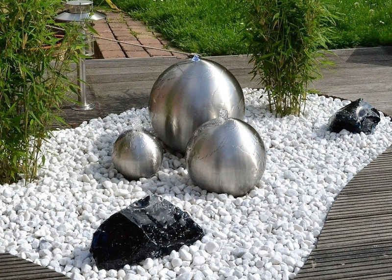 Jürgen Bocker - Gartenambiente Gartenbrunnen Kugelbrunnen 3er-Set Edelstahl matt incl. LED Brunnenkugel Garten