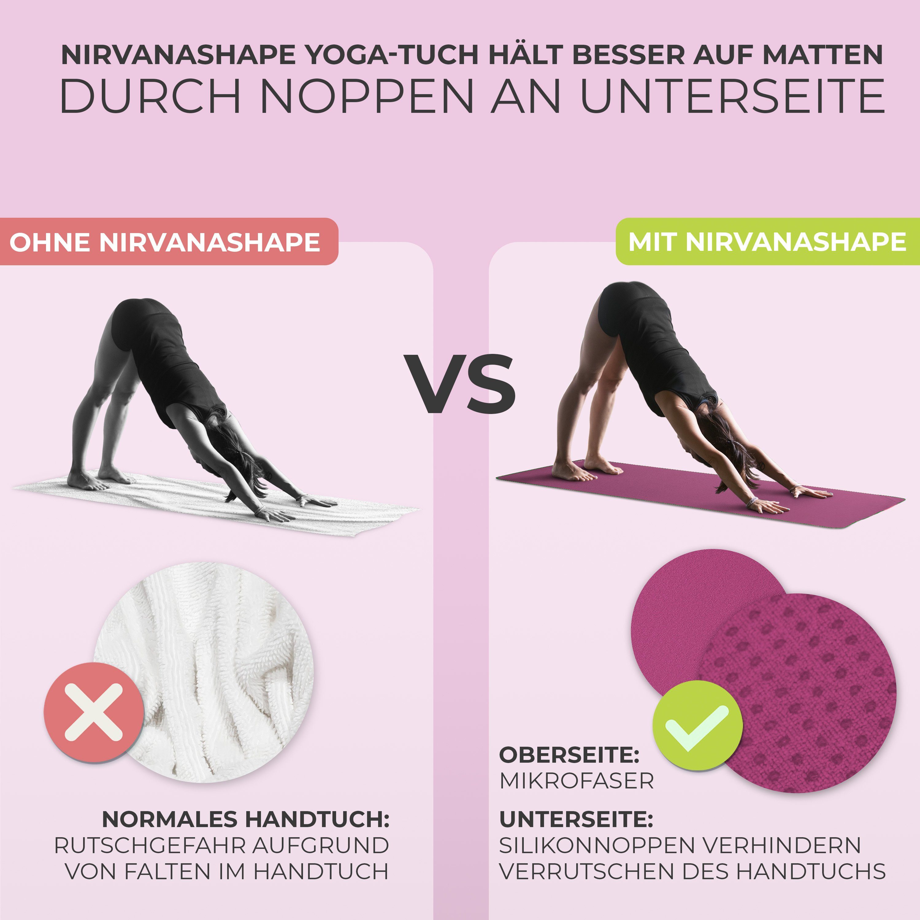 NirvanaShape Sporthandtuch Yoga Handtuch mit Antirutsch-Noppen, Yogatuch-Auflage für Yogamatte, Microfaser, +Yoga Einführungs eBook, Yogatuch-Auflage Saugstark, Hygienisch