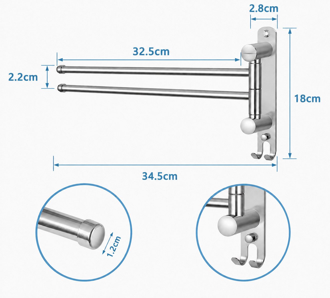 Forrlite Handtuchhalter Handtuchhalter Wand 180° drehbar, 2-armig schwenkbar, Handtuchstange mit Haken, platzsparend für Bad und Küche – Bild 2 von 5