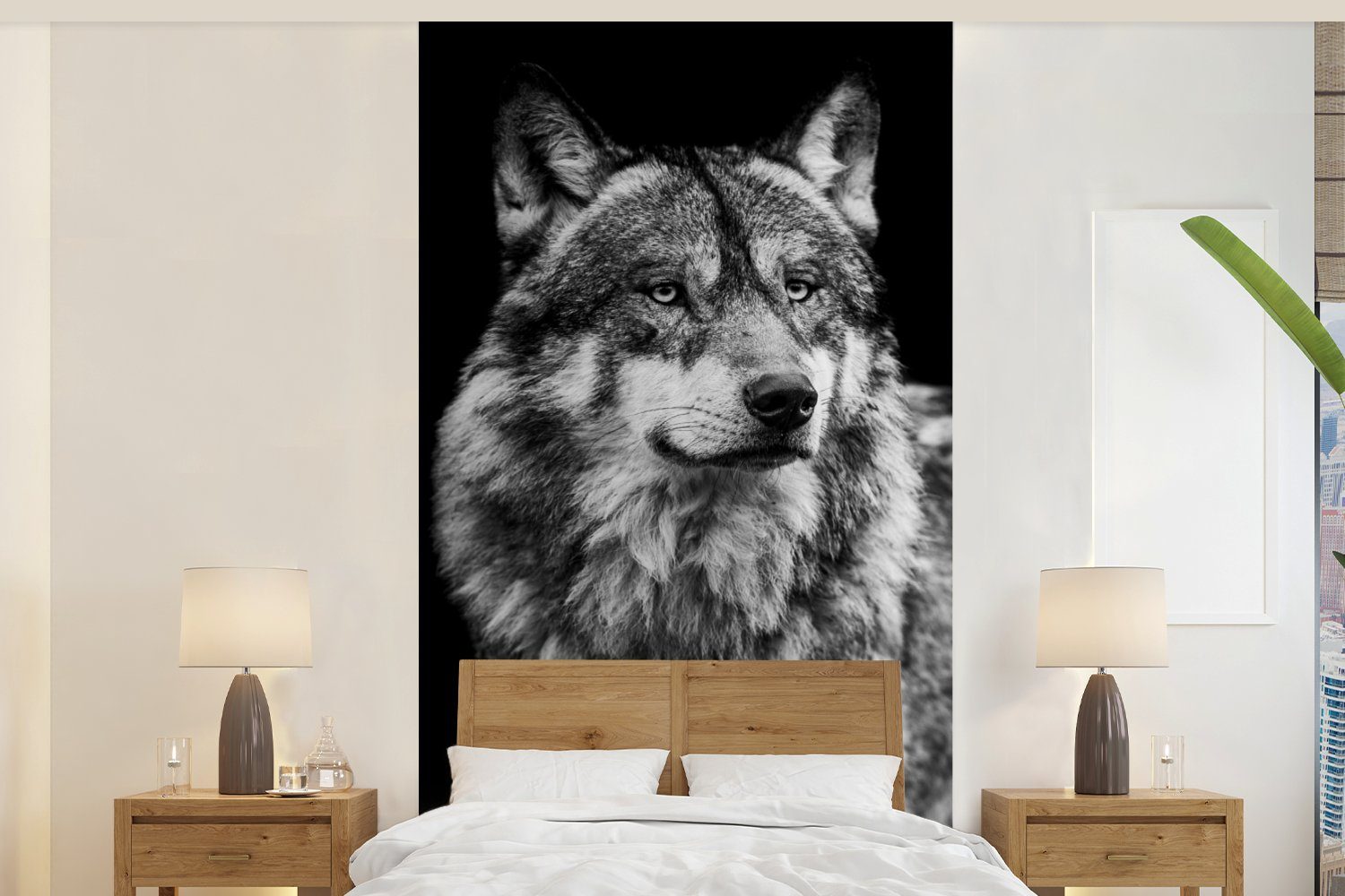 MuchoWow Fototapete Wolf - Tiere - Wild - Schwarz - Weiß, Matt, bedruckt, (2 St), Vliestapete für Wohnzimmer Schlafzimmer Küche, Fototapete