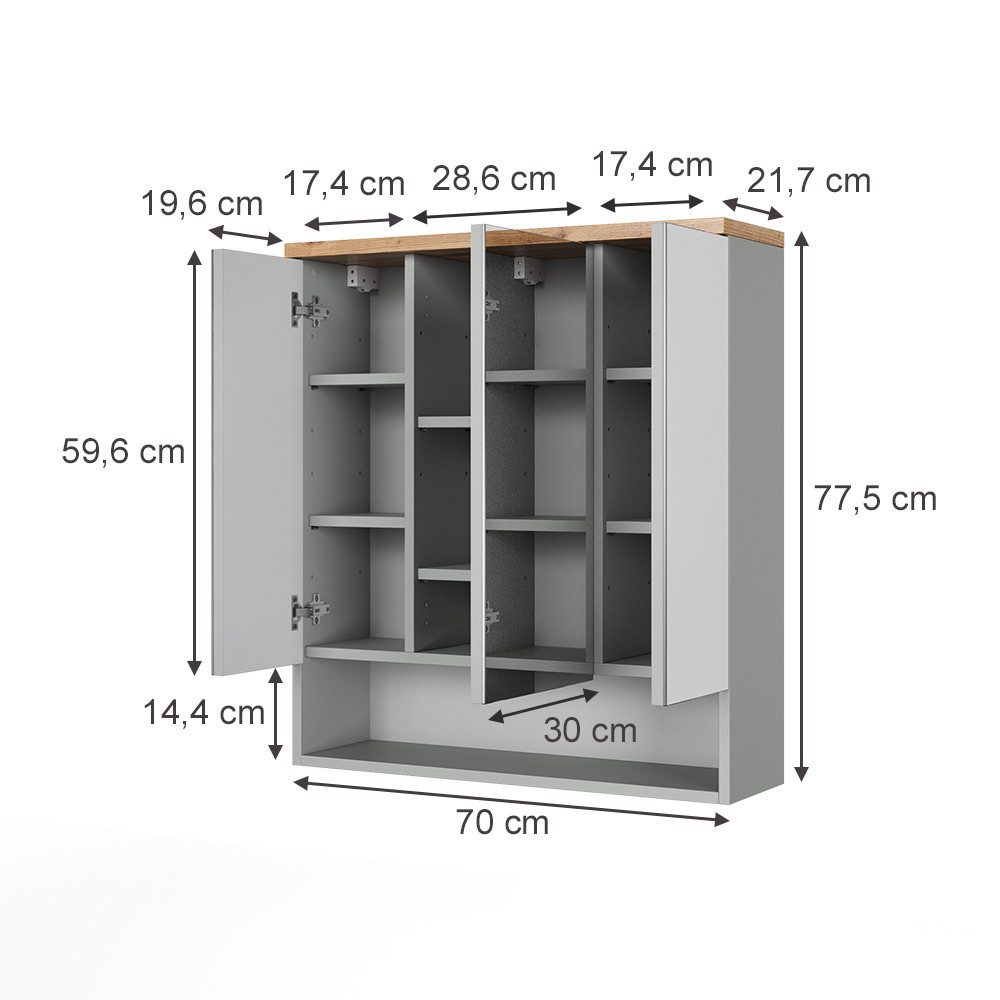 Vicco Badezimmerspiegelschrank Eden, Grau/Artisan, 70 x 77.5 cm mit 3 Spiegeltüren (1-St)
